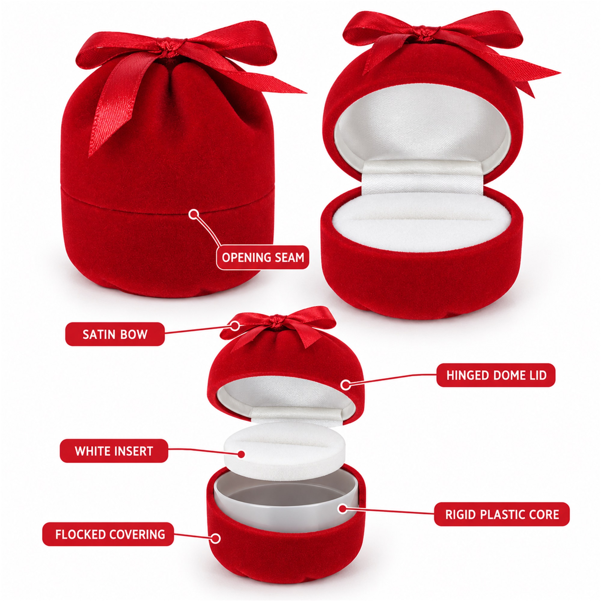 Red Bow-Topped Money-Pouch-Shaped Flocked Ring Box size and structure