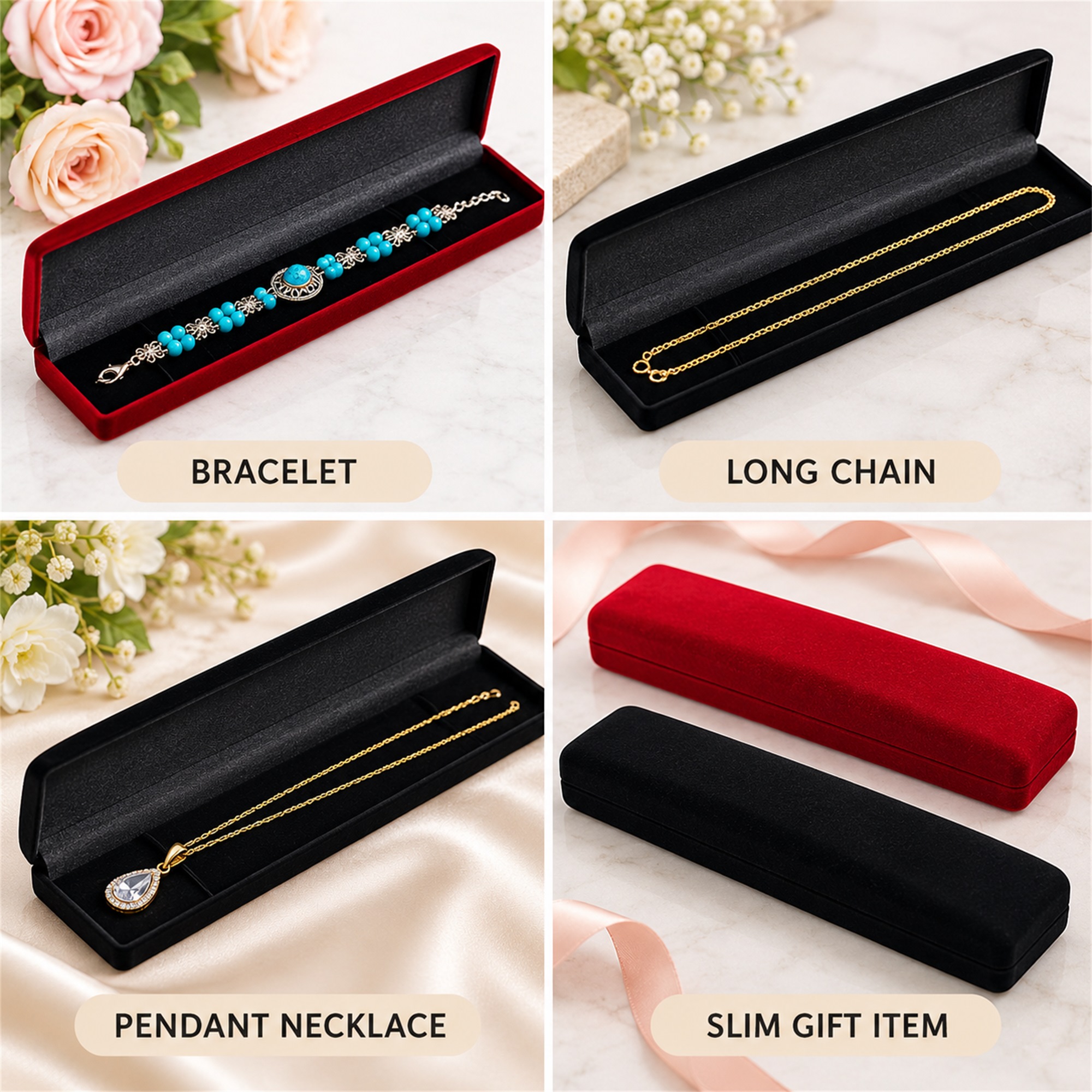 Long Rectangular Flocked Bracelet And Long-Chain Jewelry Box additional product views
