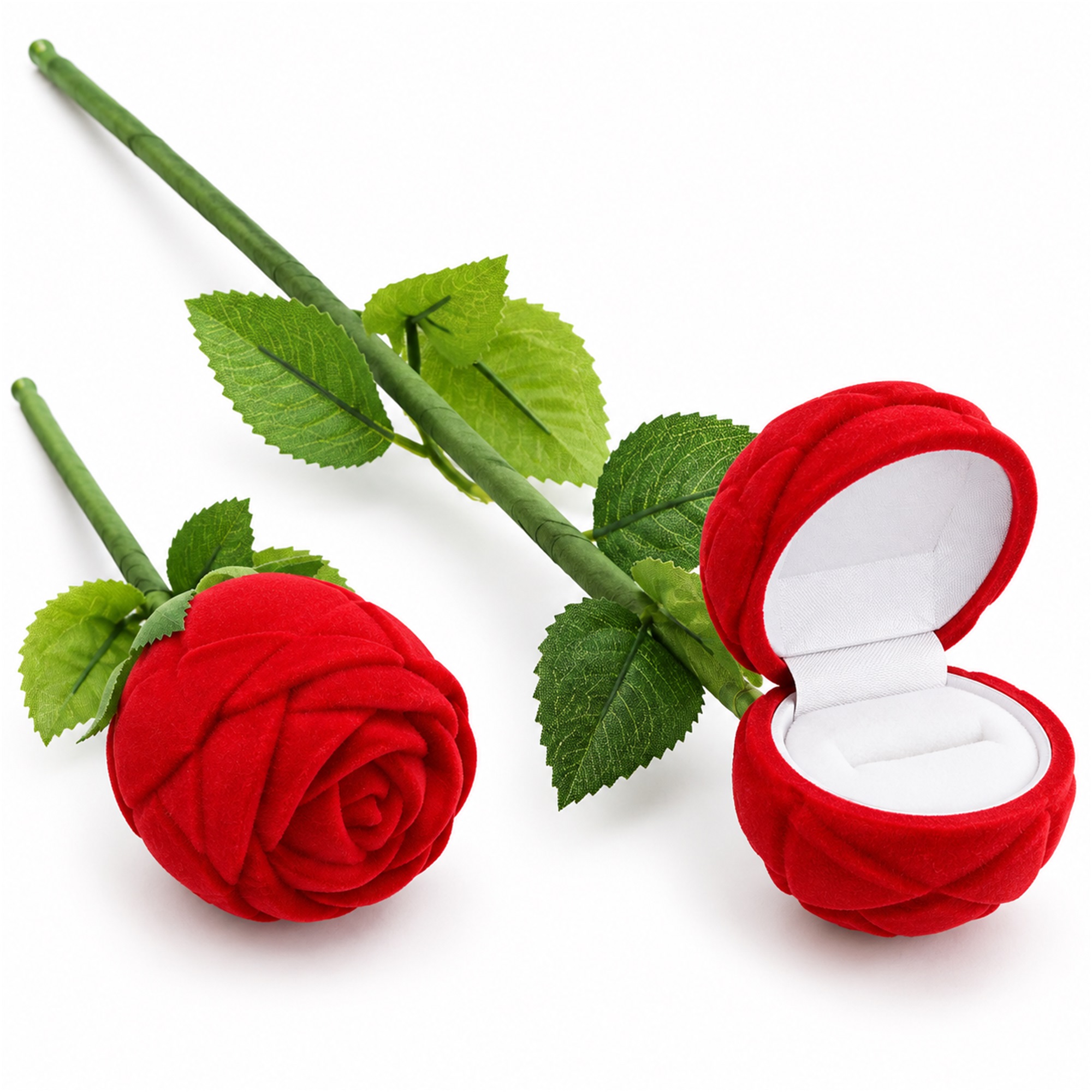 Red Flocked Rose-On-Stem Ring Presentation Box front product view