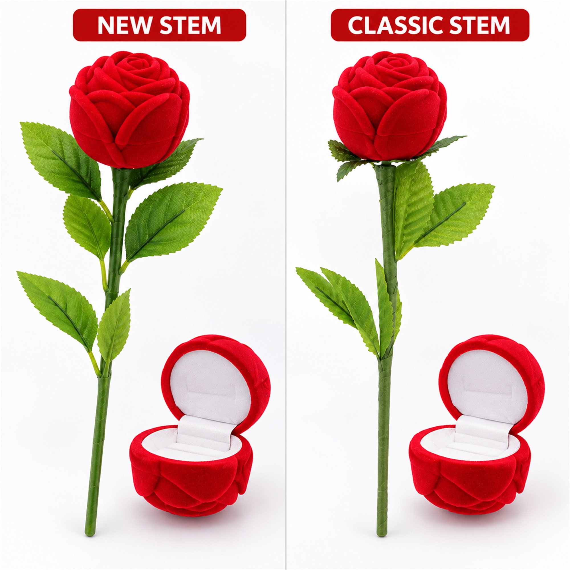 Red Flocked Rose-On-Stem Ring Presentation Box available styles and colors
