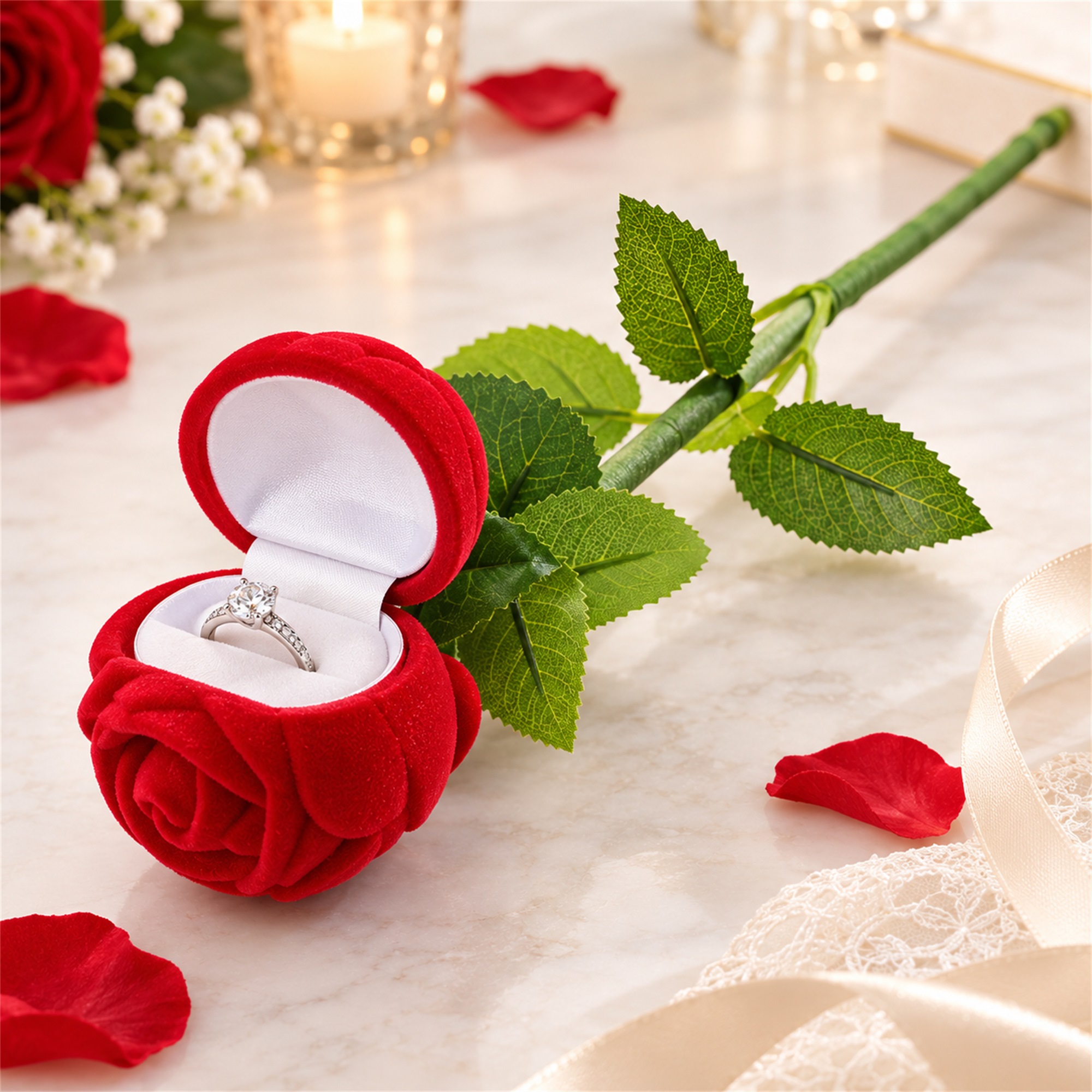 Red Flocked Rose-On-Stem Ring Presentation Box lifestyle application