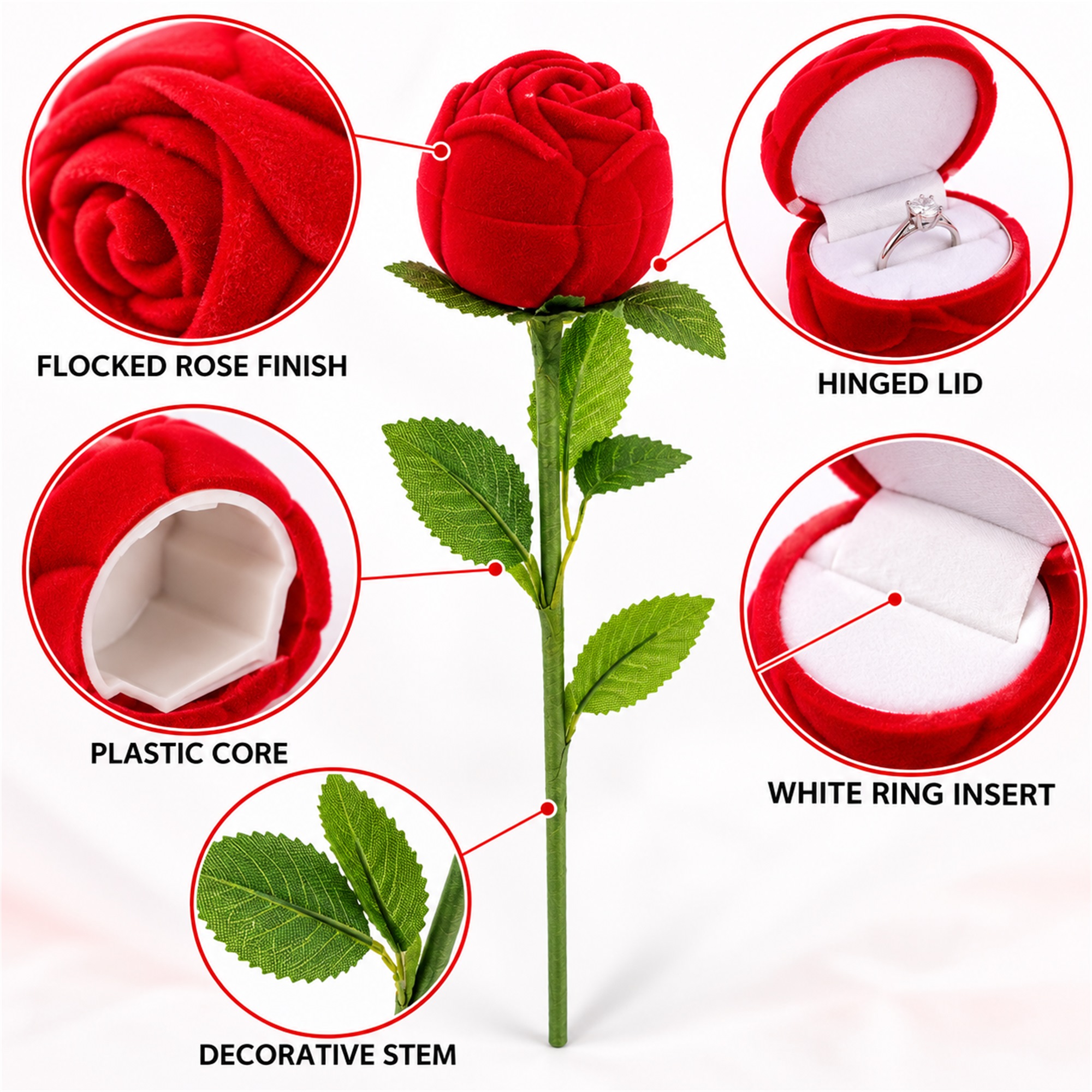 Red Flocked Rose-On-Stem Ring Presentation Box product construction details