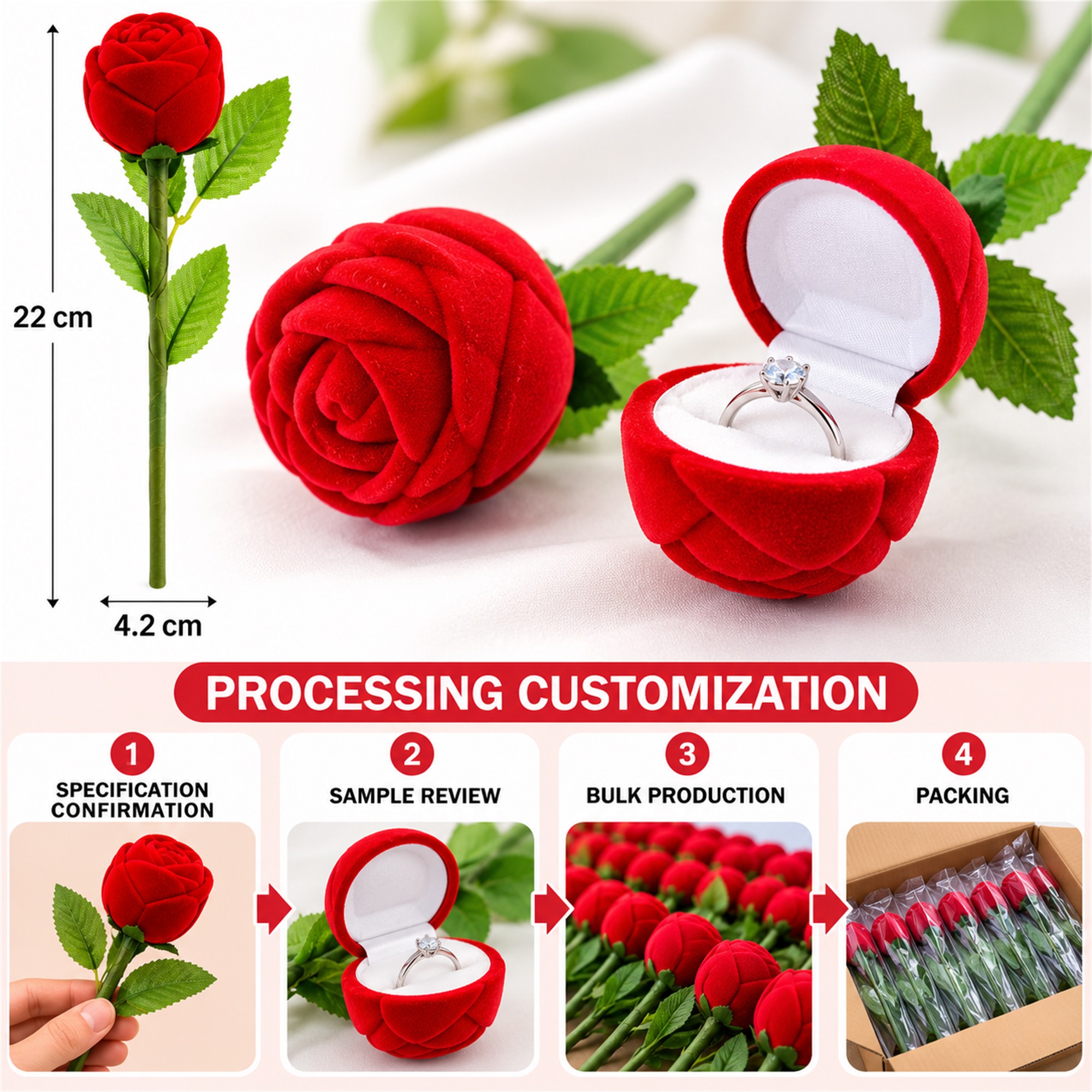 Red Flocked Rose-On-Stem Ring Presentation Box additional product views
