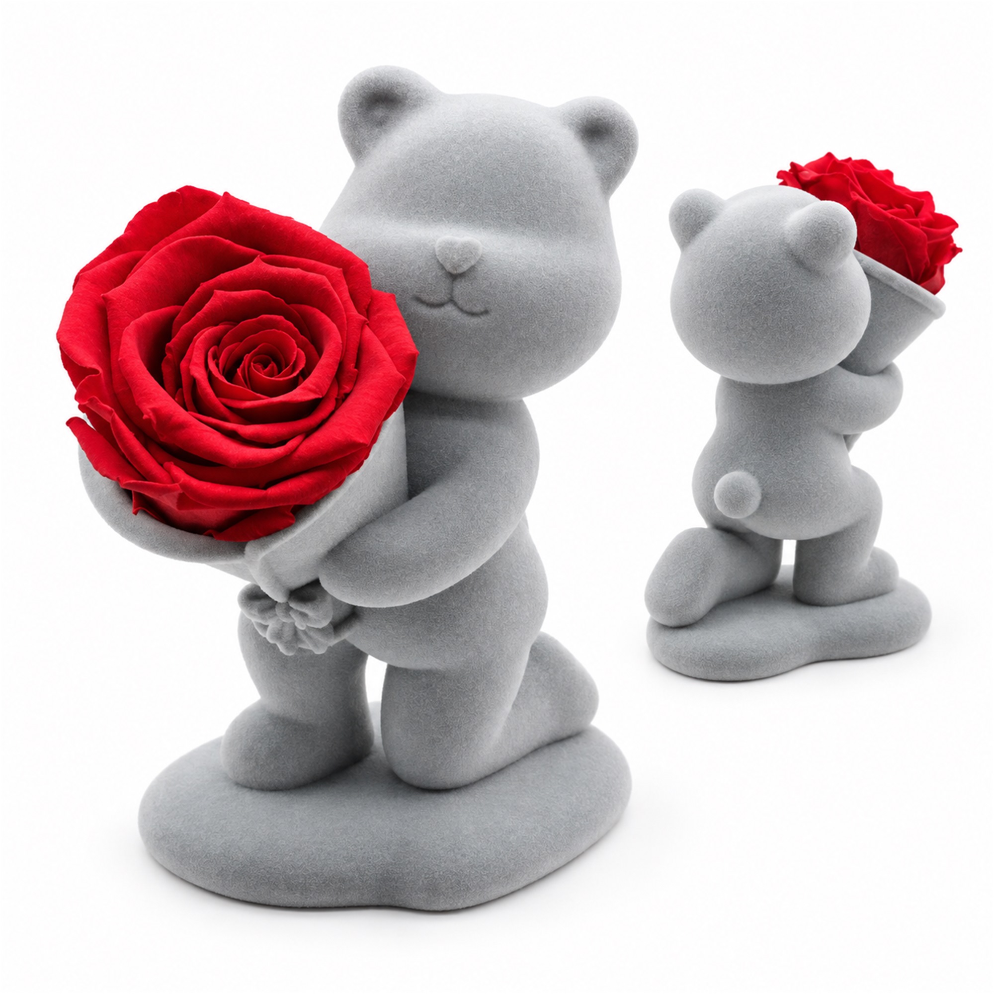 Gray Flocked Kneeling Bear Ornament With Red Preserved Rose Jewelry Box front product view