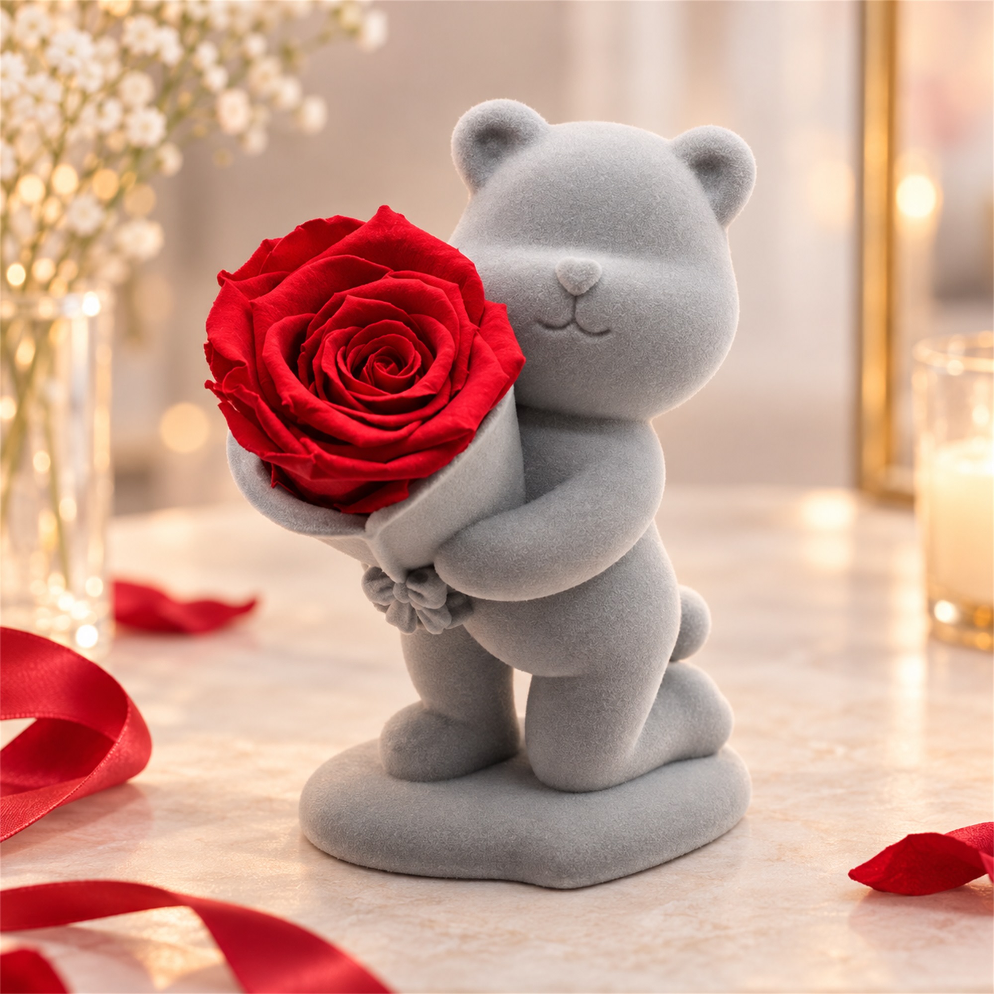Gray Flocked Kneeling Bear Ornament With Red Preserved Rose Jewelry Box lifestyle application