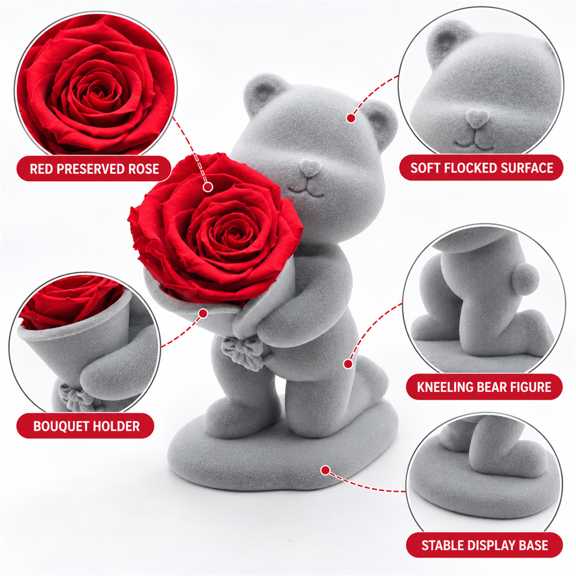 Gray Flocked Kneeling Bear Ornament With Red Preserved Rose Jewelry Box product construction details