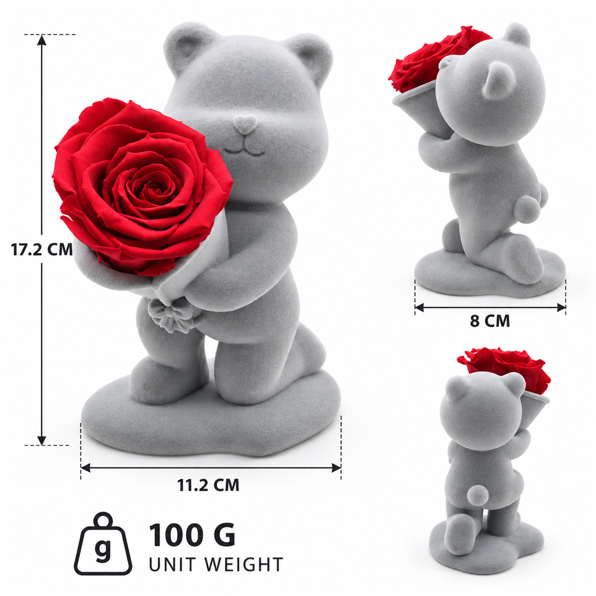 Gray Flocked Kneeling Bear Ornament With Red Preserved Rose Jewelry Box size and structure