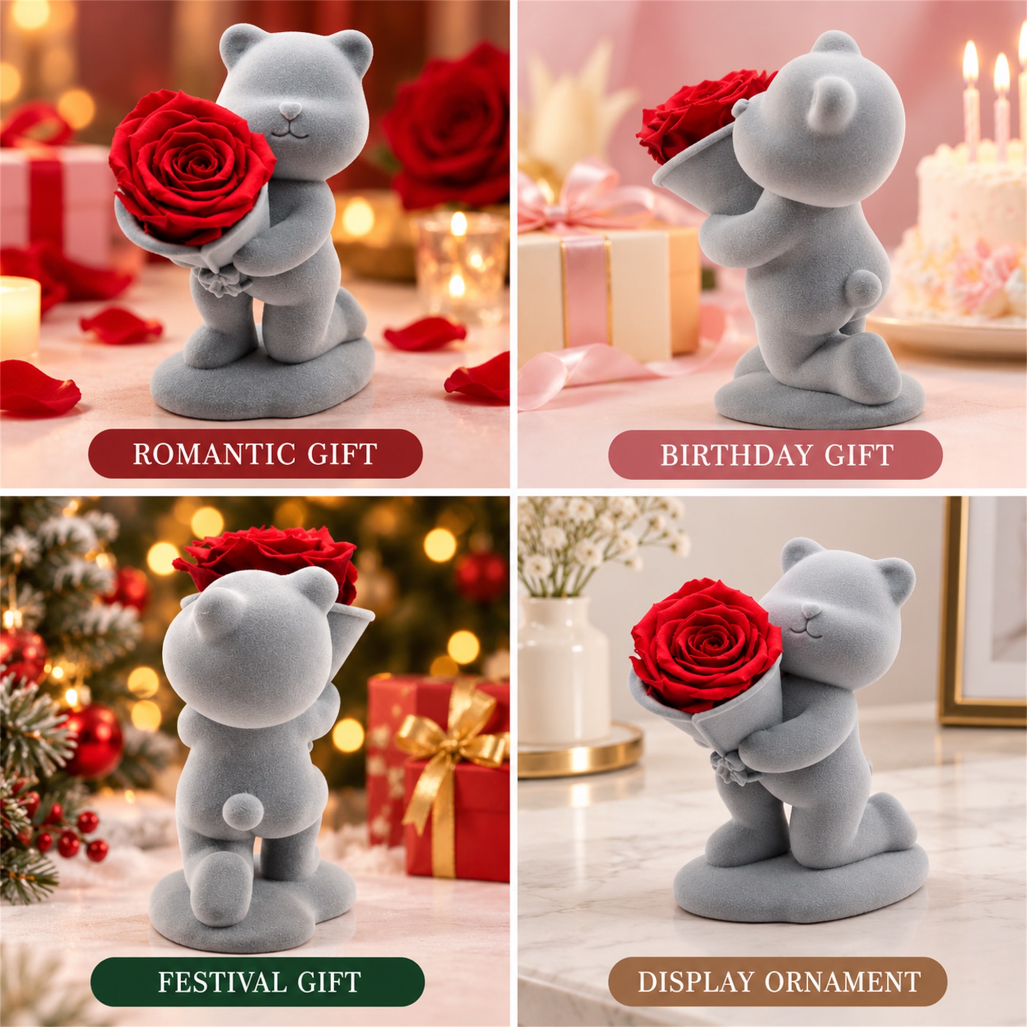 Gray Flocked Kneeling Bear Ornament With Red Preserved Rose Jewelry Box additional product views
