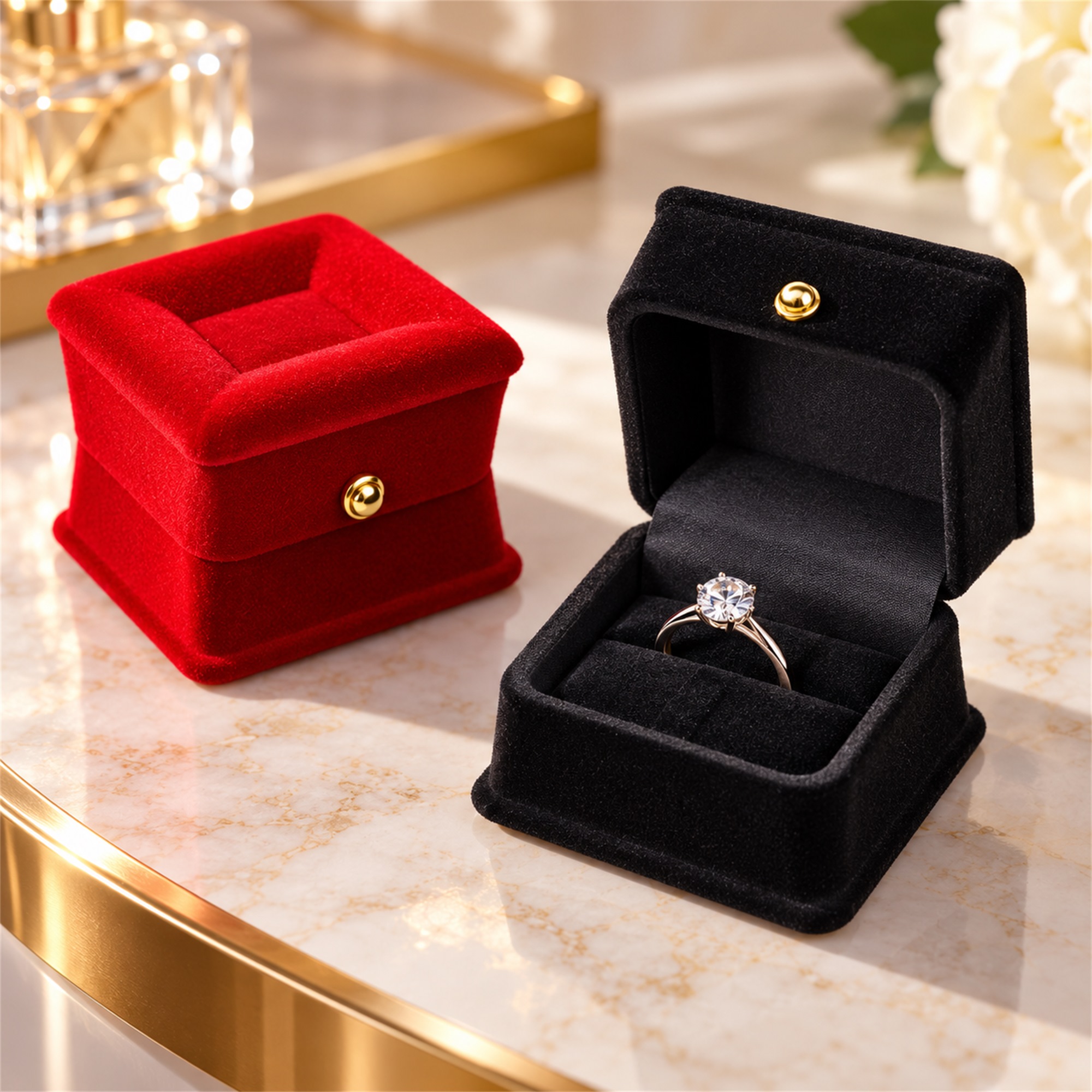 Square Stool-Shaped Flocked Ring Presentation Box lifestyle application
