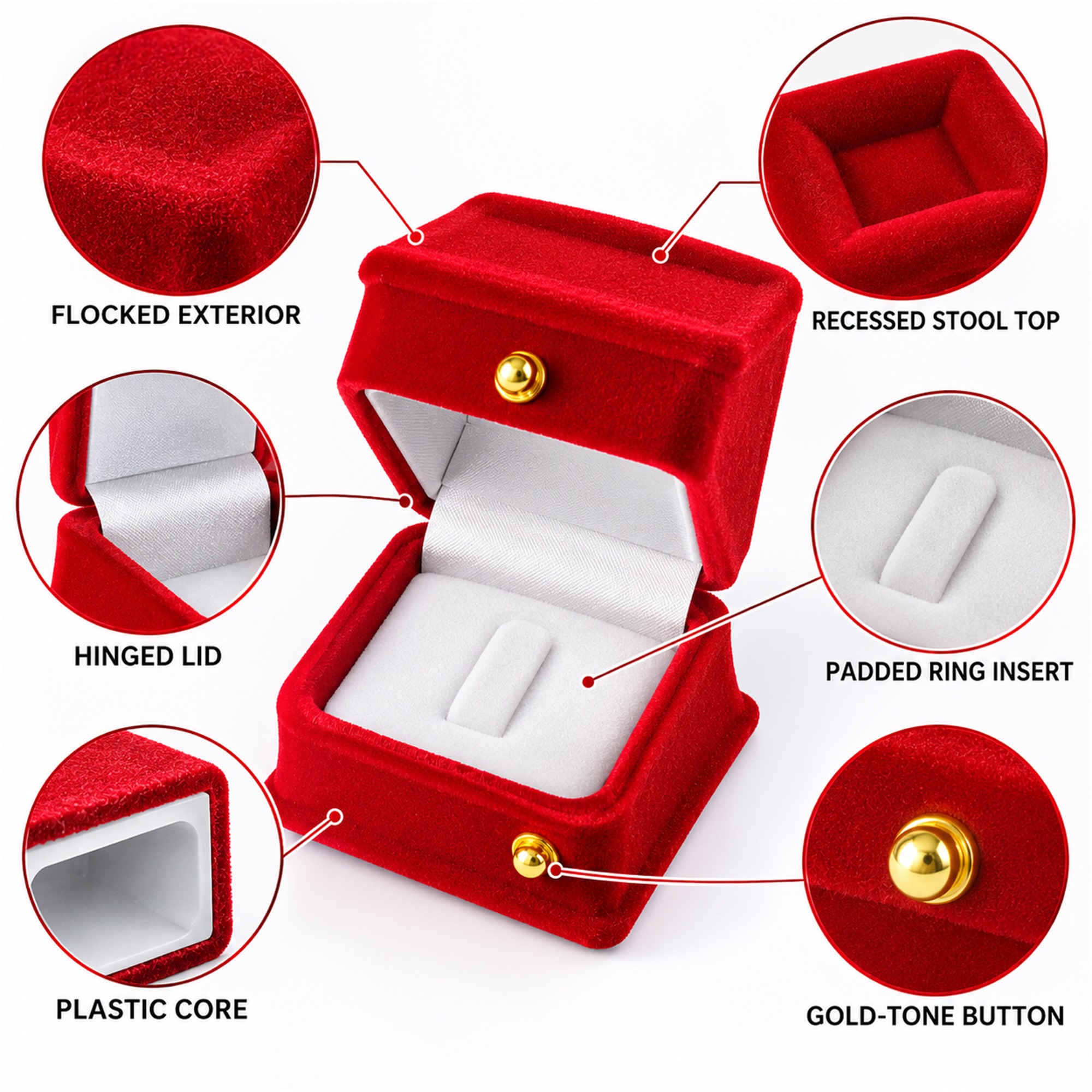 Square Stool-Shaped Flocked Ring Presentation Box product construction details