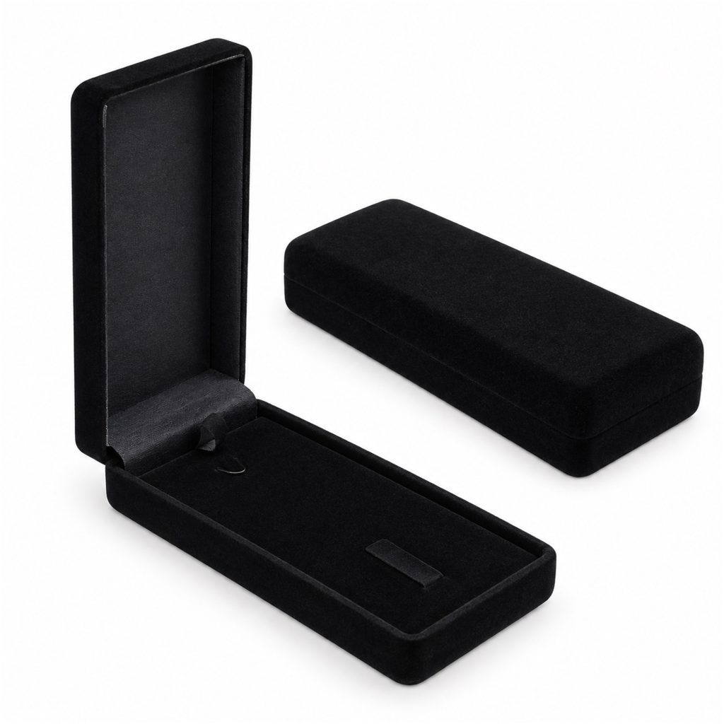Slim Long Flocked Pendant And Necklace Presentation Box front product view