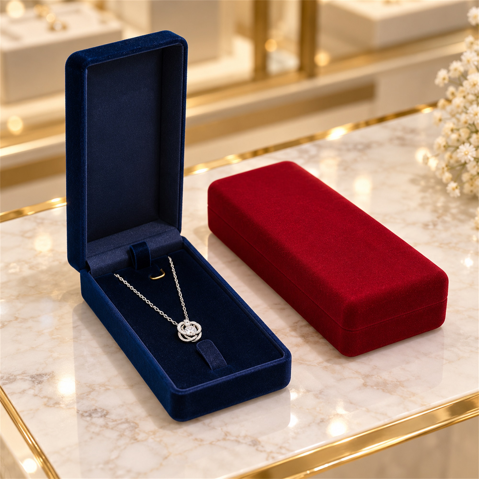 Slim Long Flocked Pendant And Necklace Presentation Box lifestyle application