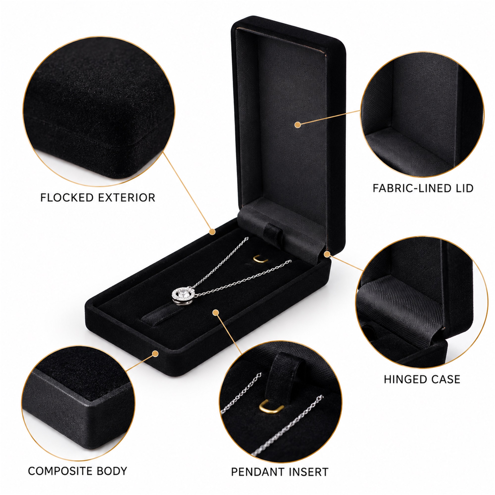 Slim Long Flocked Pendant And Necklace Presentation Box product construction details