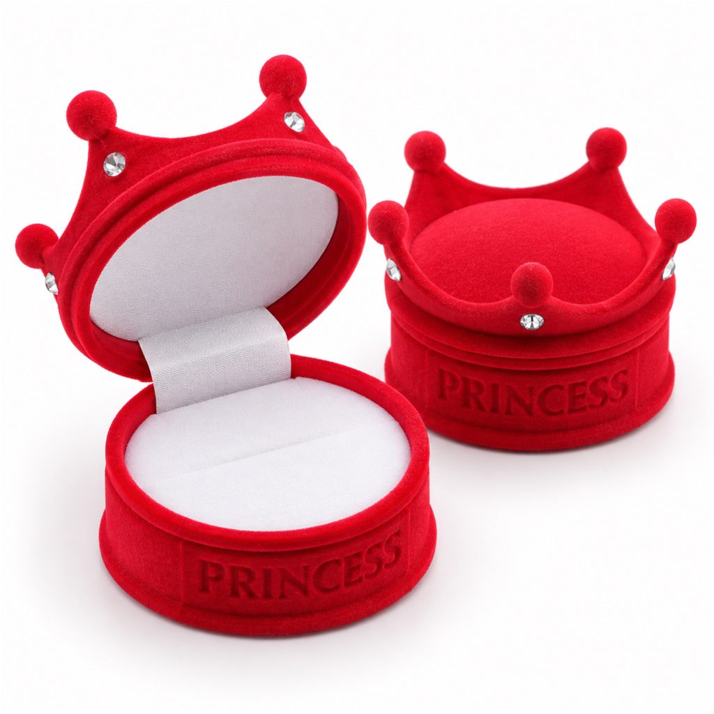 Flocked Crown-Shaped Jewelry Presentation Box With Princess Embossing front product view