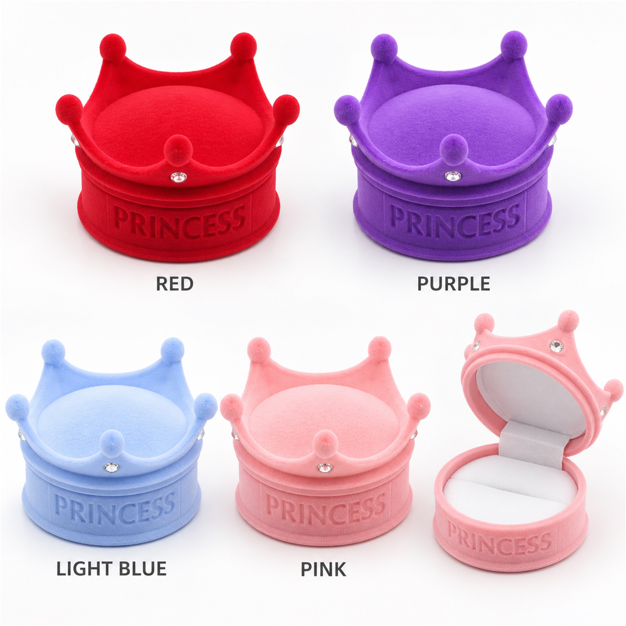 Flocked Crown-Shaped Jewelry Presentation Box With Princess Embossing available styles and colors