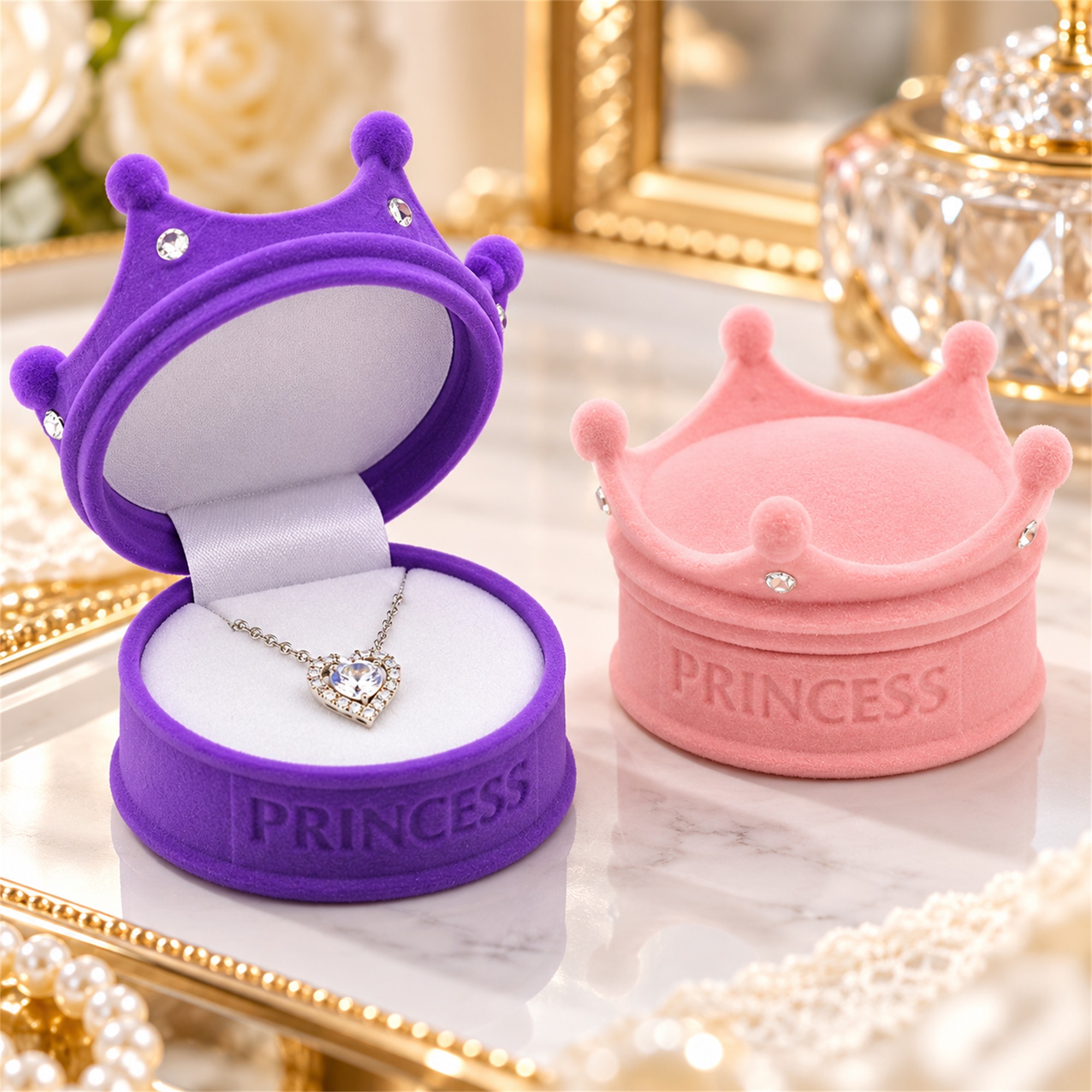 Flocked Crown-Shaped Jewelry Presentation Box With Princess Embossing lifestyle application