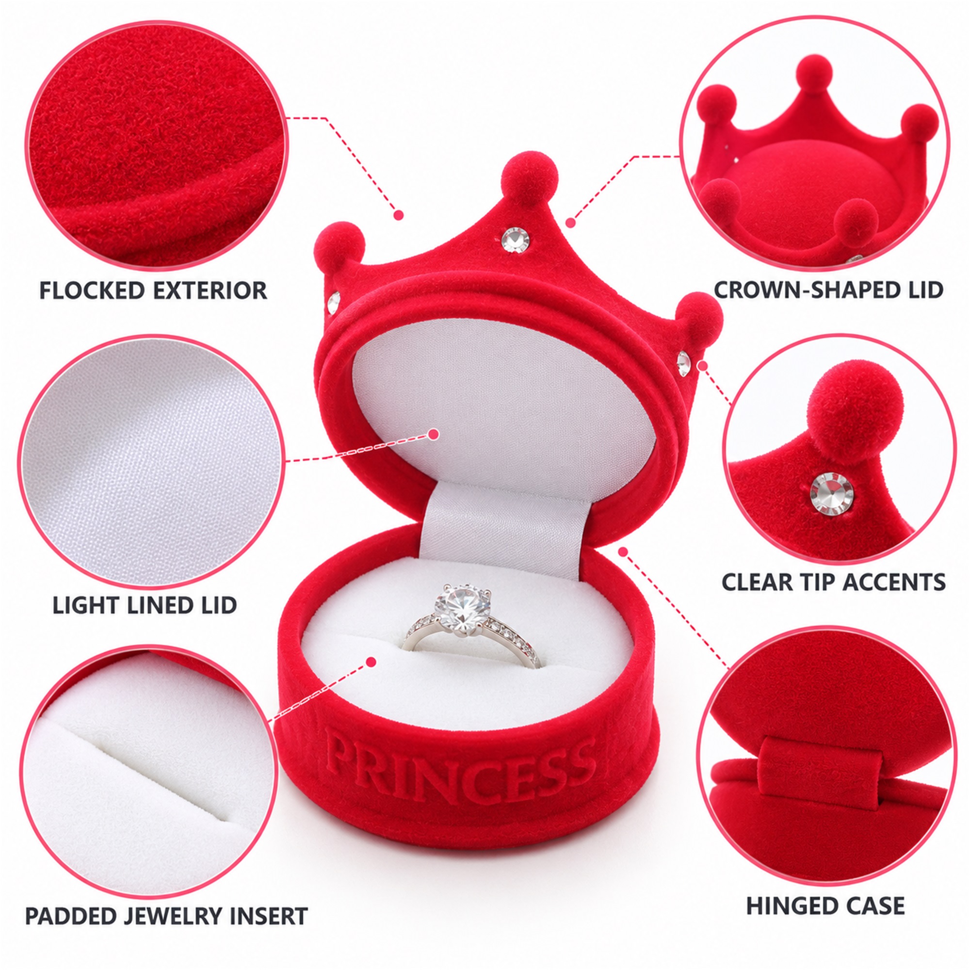 Flocked Crown-Shaped Jewelry Presentation Box With Princess Embossing product construction details