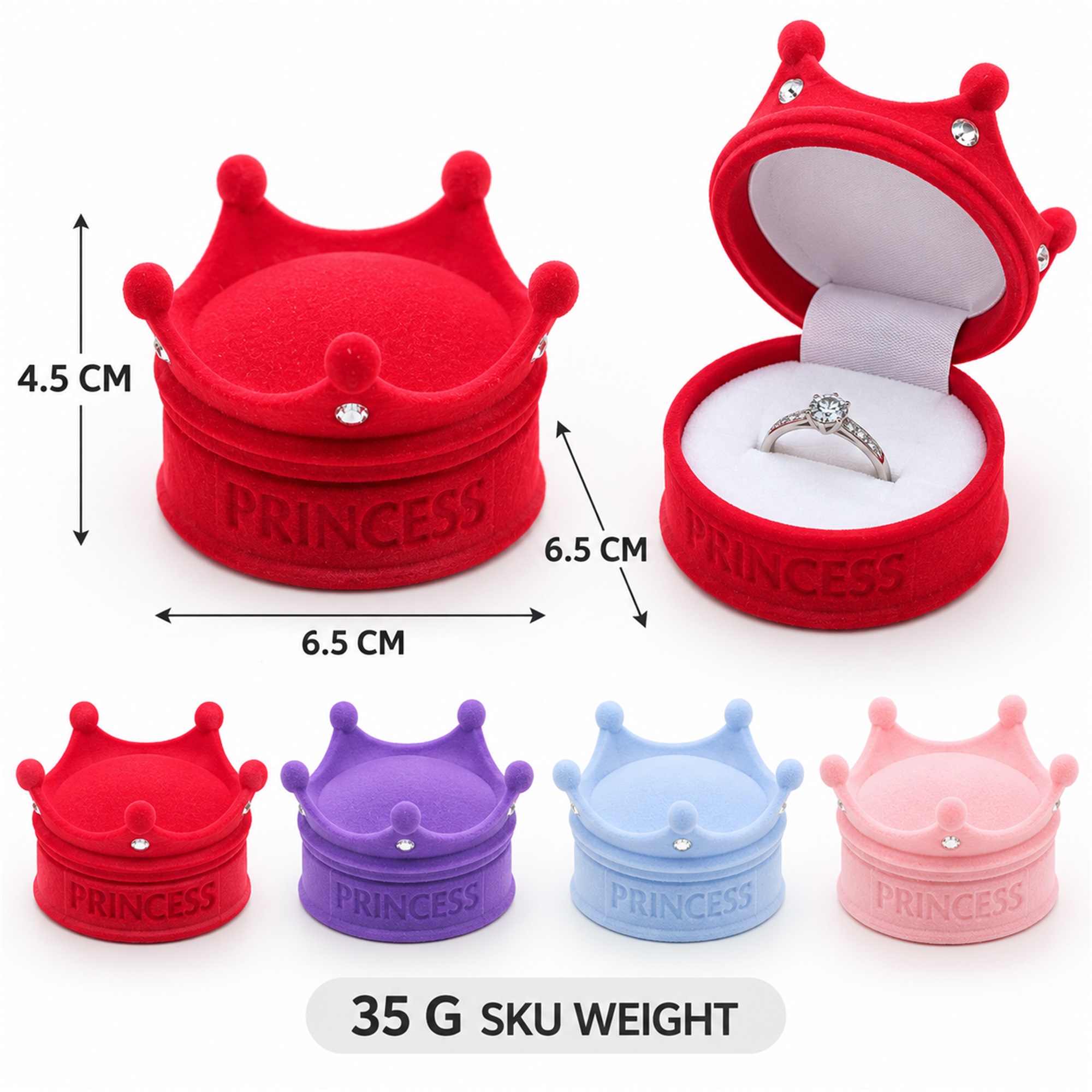 Flocked Crown-Shaped Jewelry Presentation Box With Princess Embossing size and structure