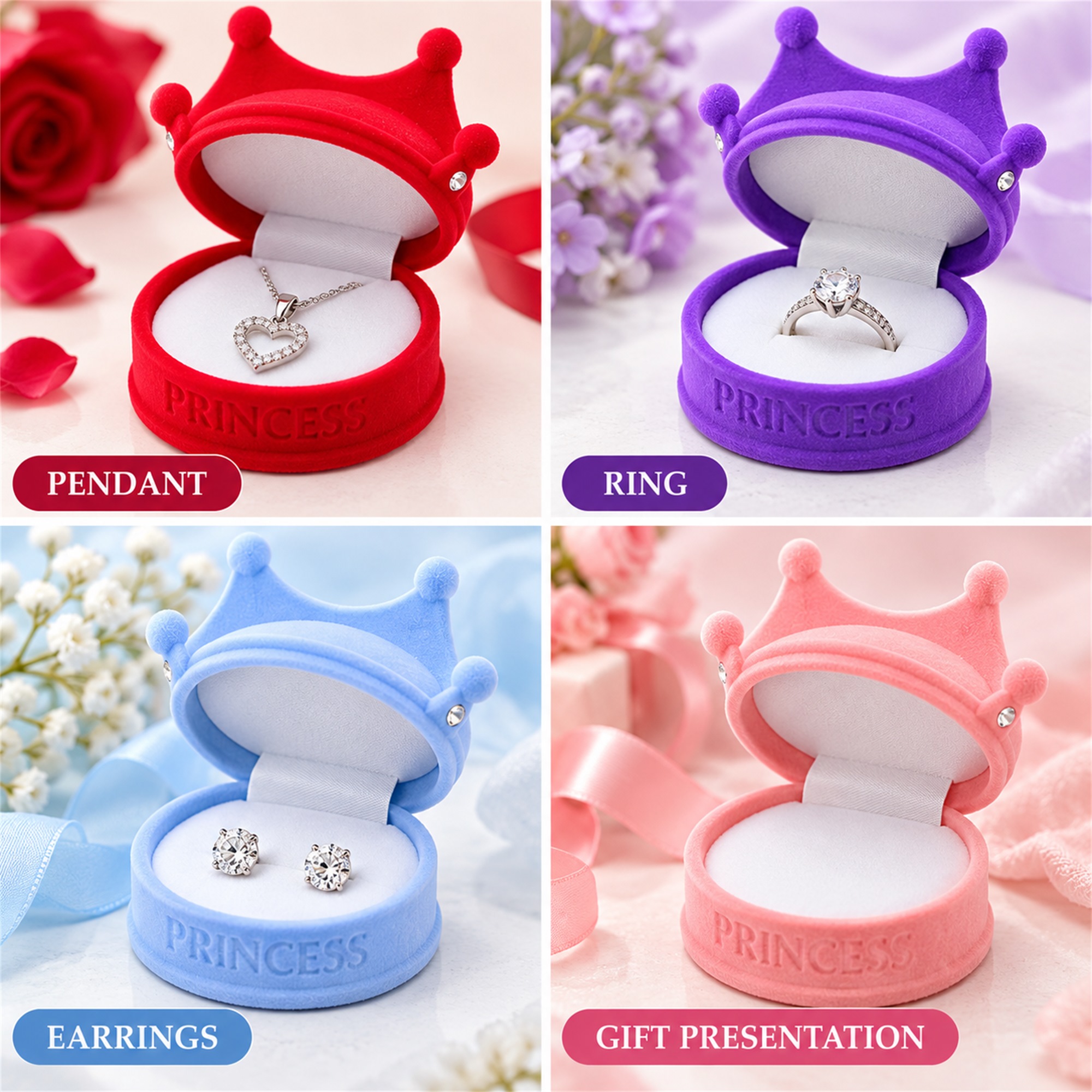 Flocked Crown-Shaped Jewelry Presentation Box With Princess Embossing additional product views