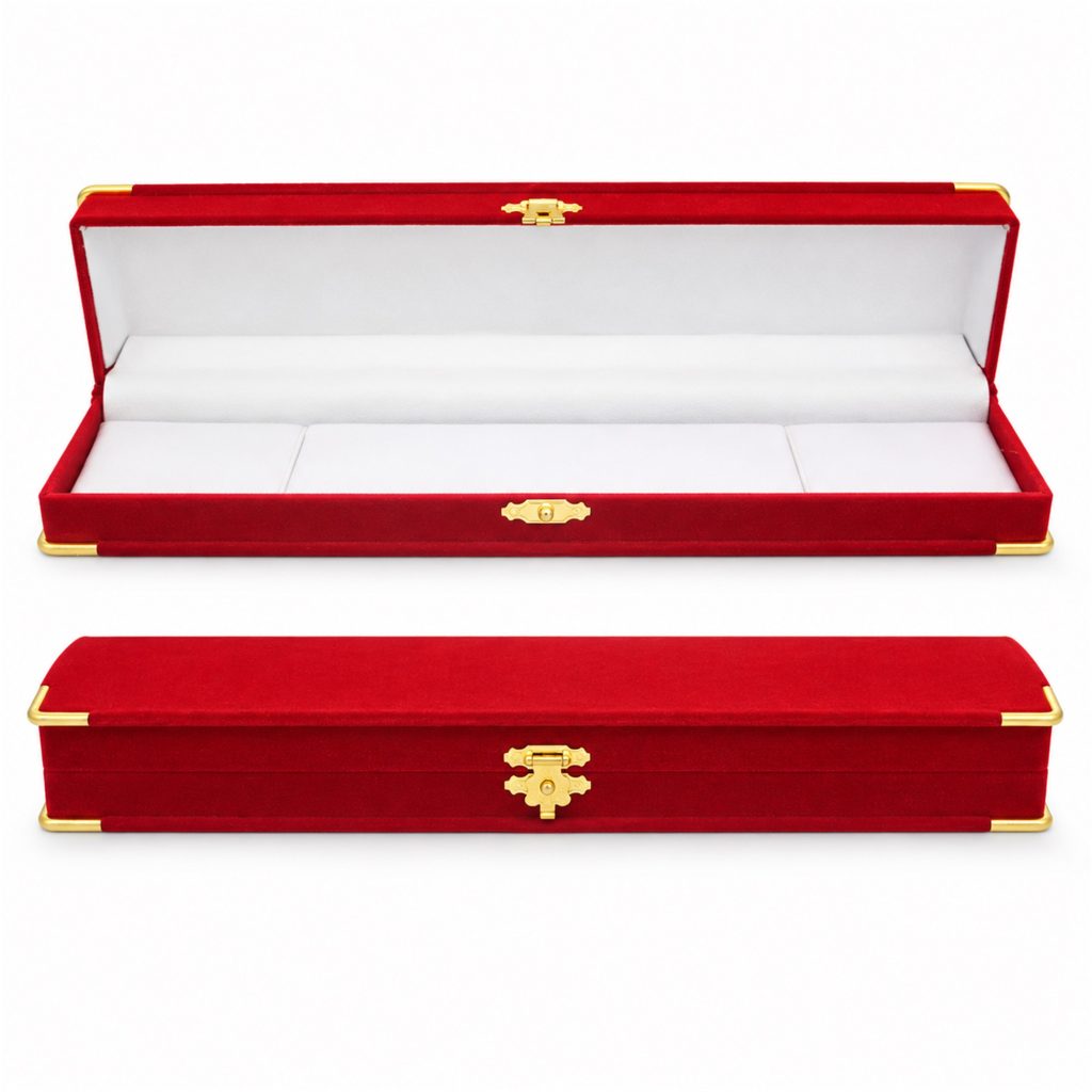 Long Red Flocked Jewelry And Watch Presentation Box With Gold-Tone Hardware front product view