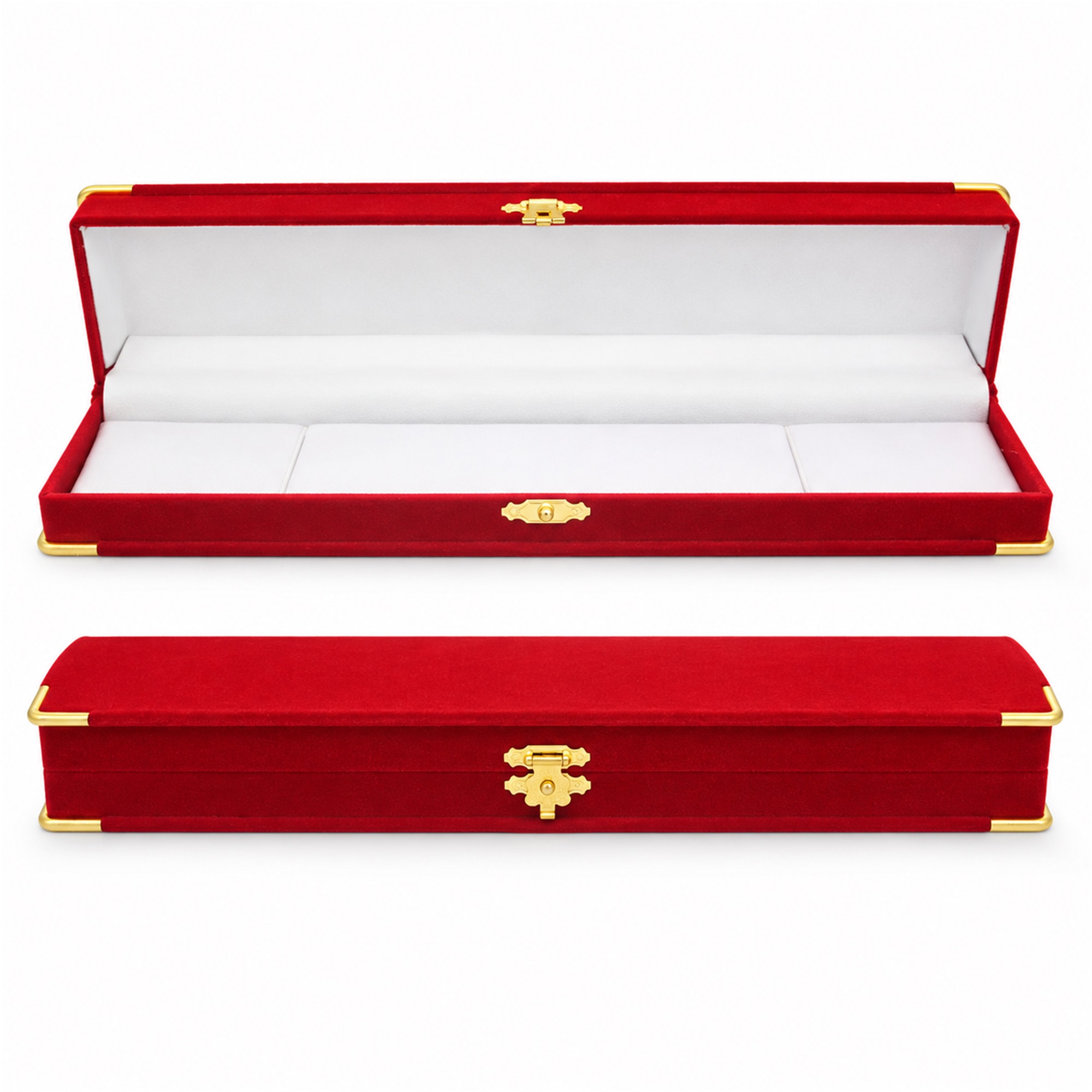 Long Red Flocked Jewelry And Watch Presentation Box With Gold-Tone Hardware front product view