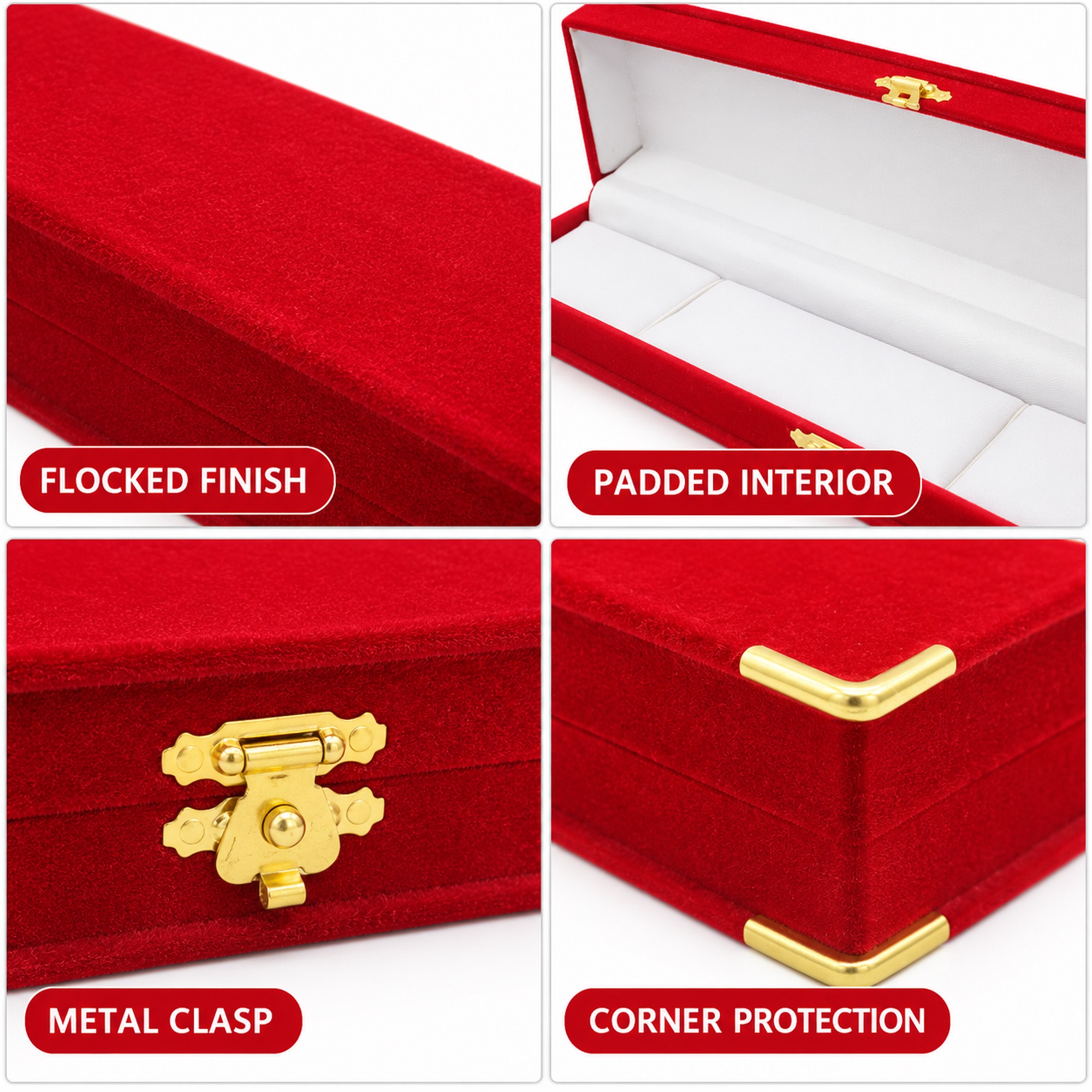 Long Red Flocked Jewelry And Watch Presentation Box With Gold-Tone Hardware product construction details