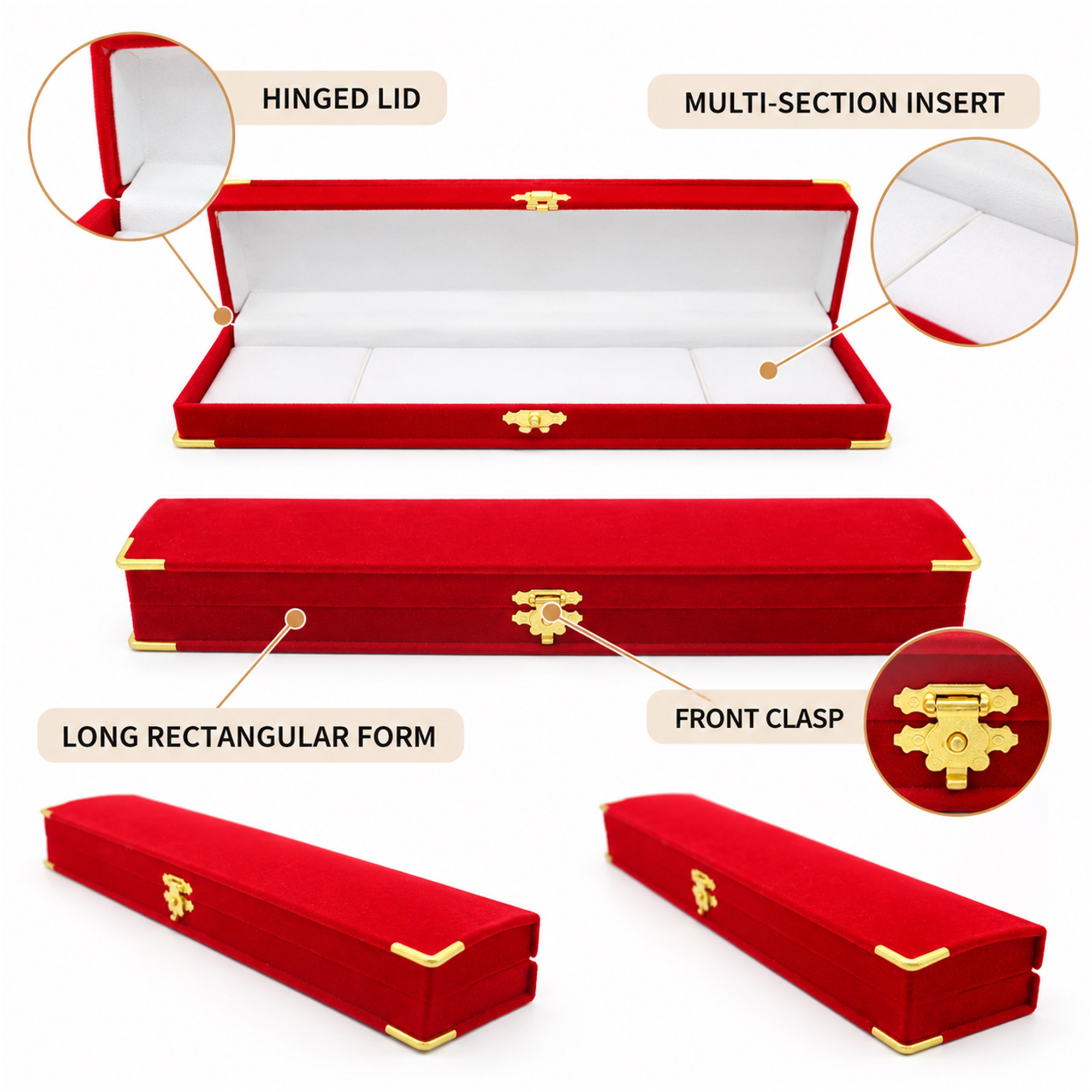 Long Red Flocked Jewelry And Watch Presentation Box With Gold-Tone Hardware size and structure