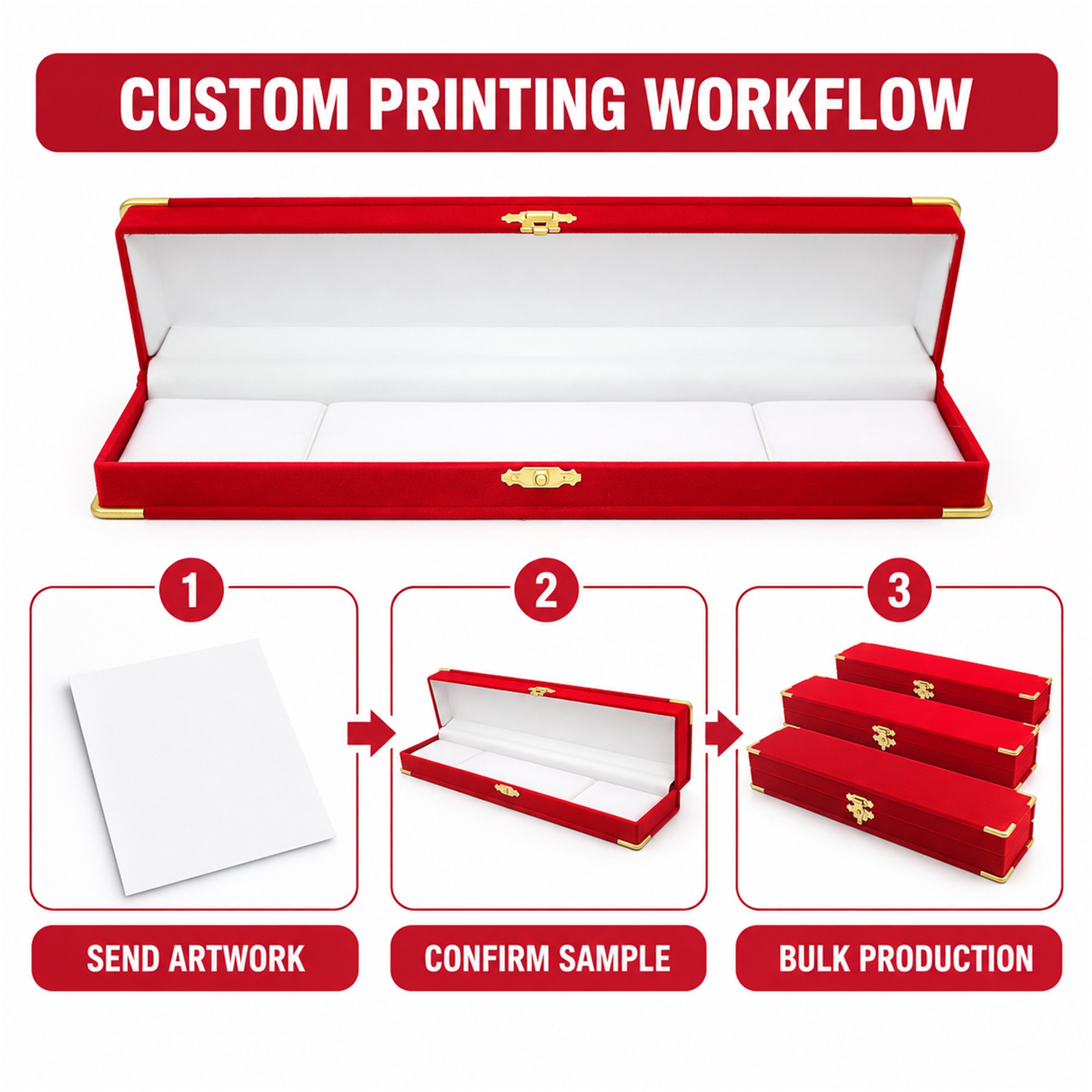 Long Red Flocked Jewelry And Watch Presentation Box With Gold-Tone Hardware additional product views