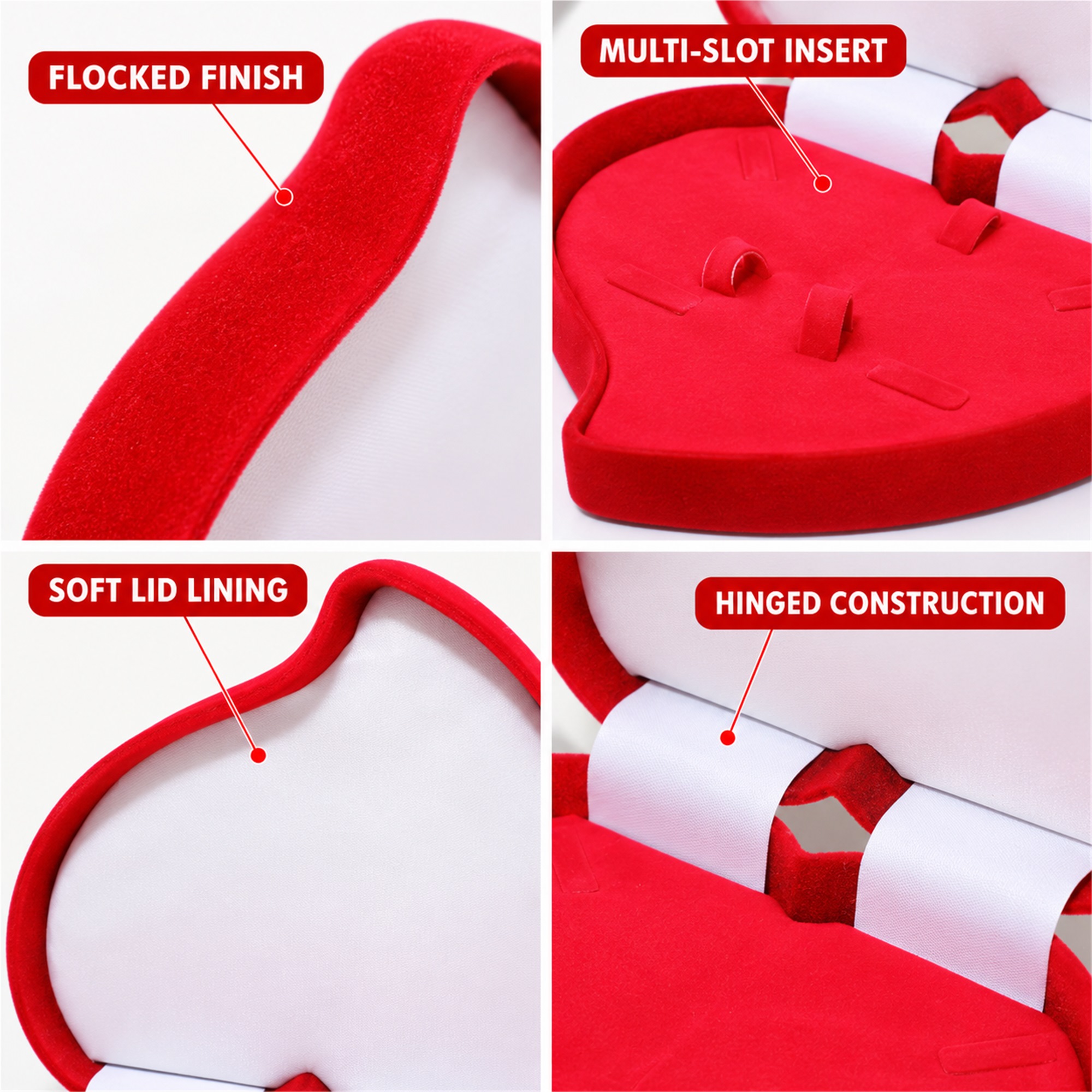 Large Asymmetrical Heart-Shaped Flocked Multi-Jewelry Presentation Box product construction details