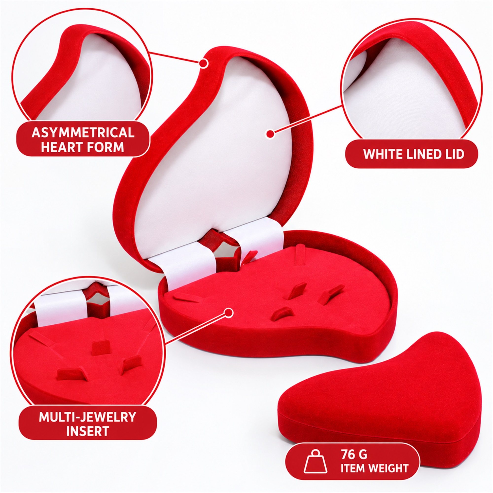 Large Asymmetrical Heart-Shaped Flocked Multi-Jewelry Presentation Box size and structure