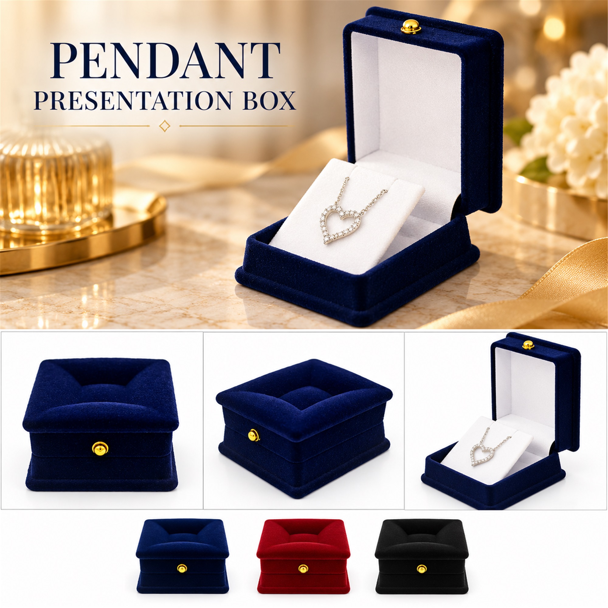 Compact Flocked Pendant Jewelry Presentation Box With Padded Recessed Top lifestyle application