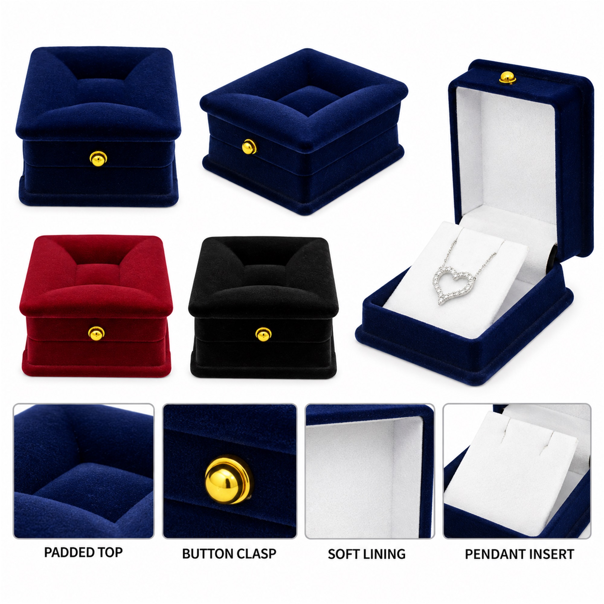 Compact Flocked Pendant Jewelry Presentation Box With Padded Recessed Top product construction details