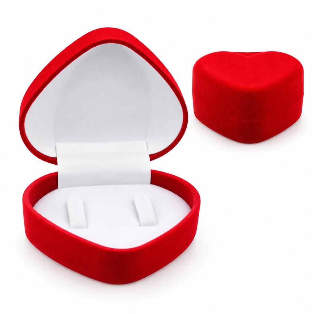 Red Heart-Shaped Flocked Double-Ring Presentation Box front product view