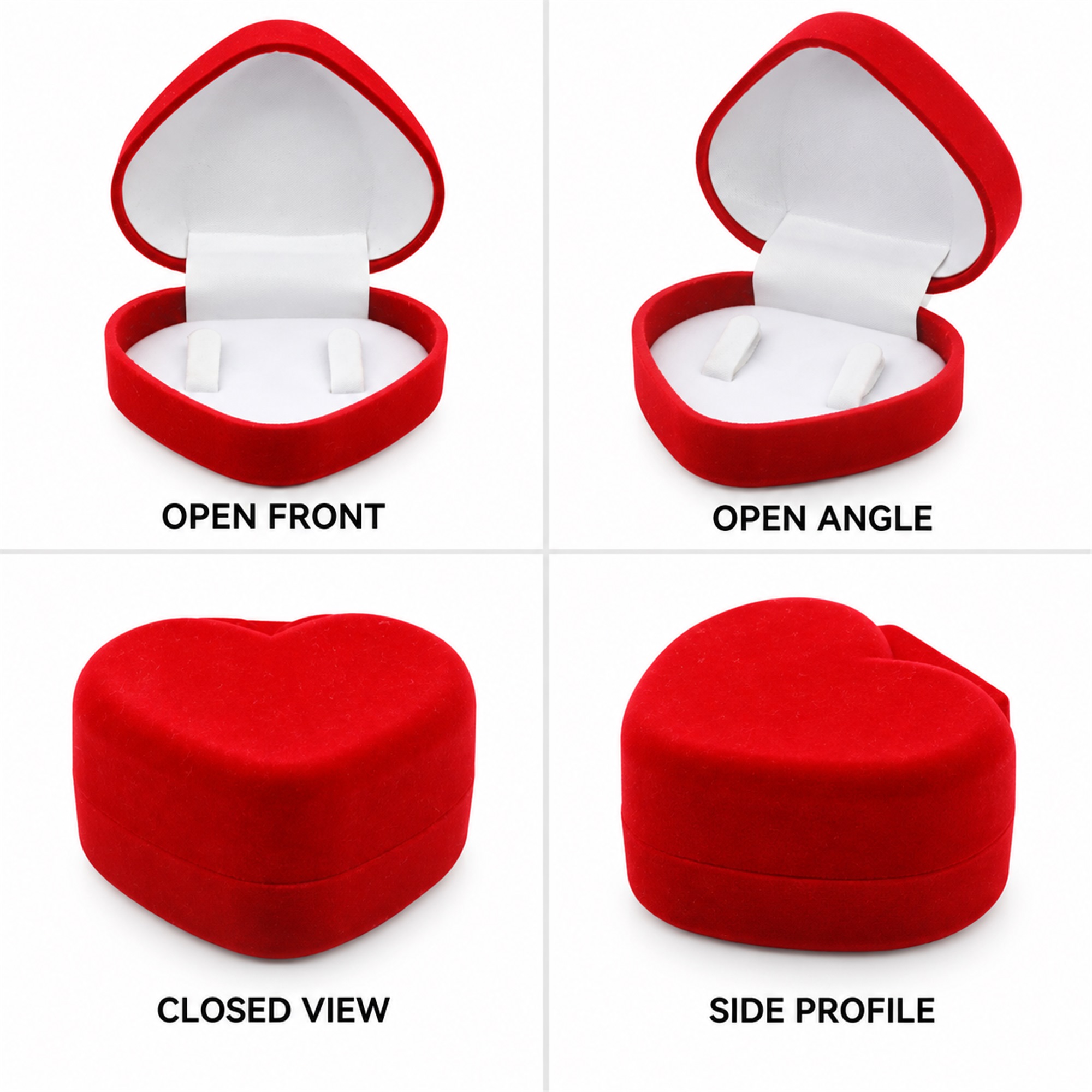 Red Heart-Shaped Flocked Double-Ring Presentation Box available styles and colors