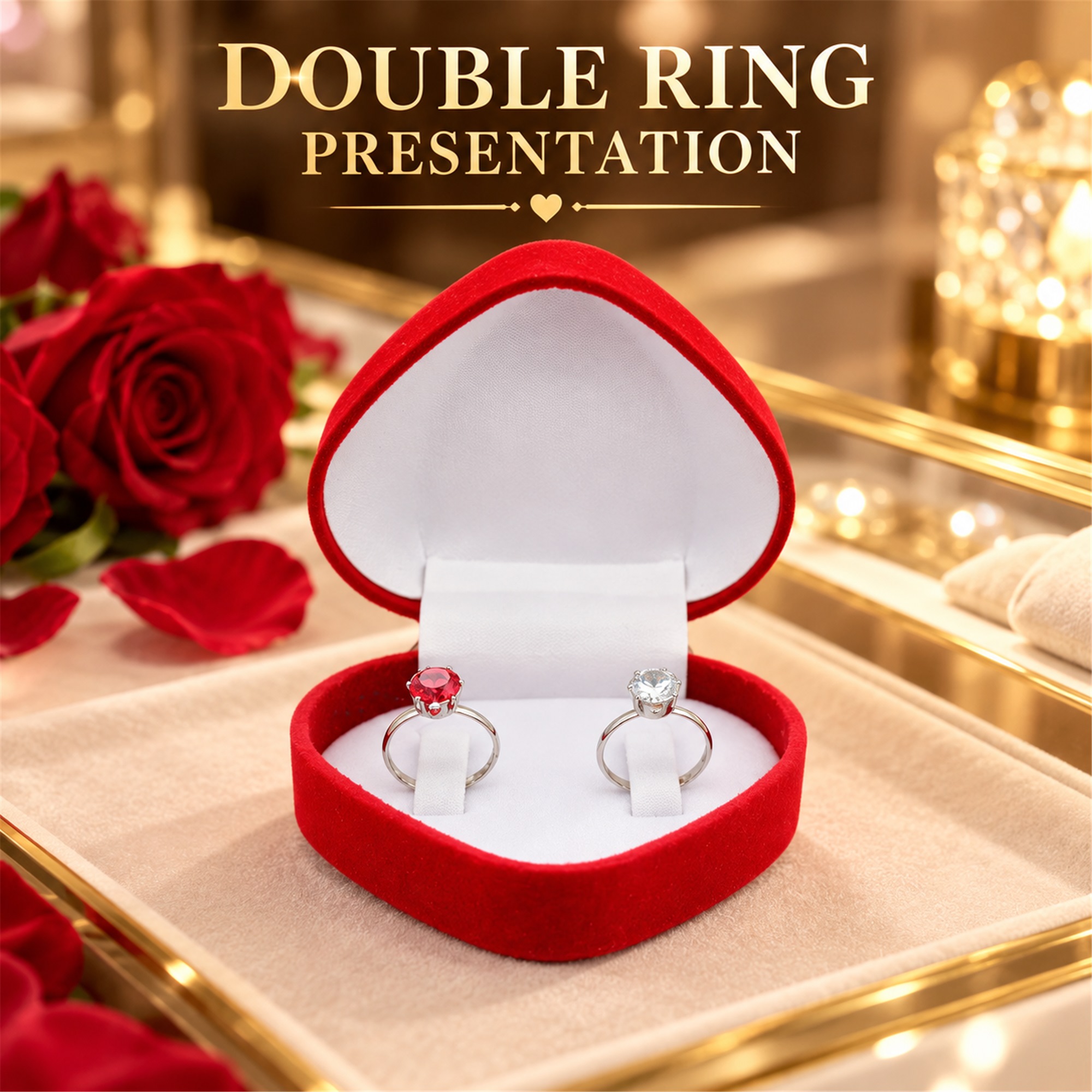 Red Heart-Shaped Flocked Double-Ring Presentation Box lifestyle application