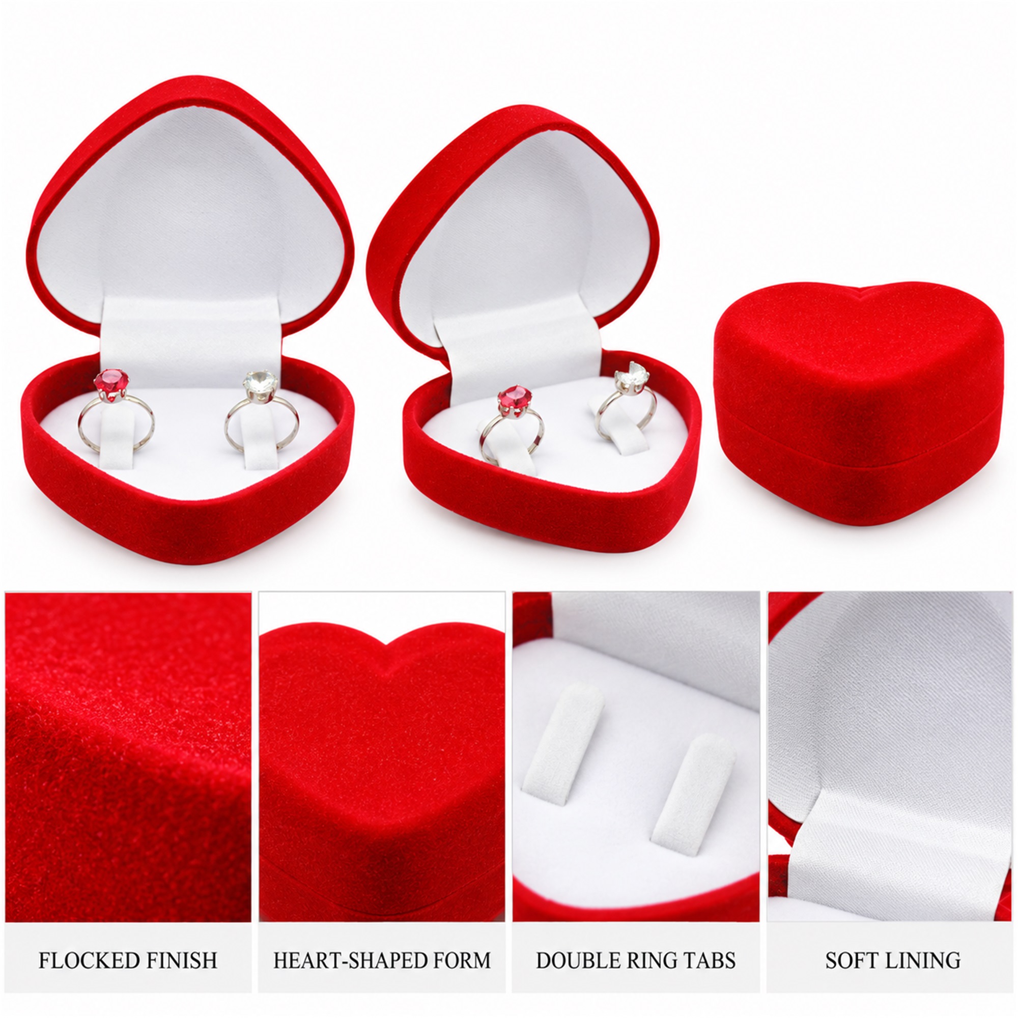 Red Heart-Shaped Flocked Double-Ring Presentation Box product construction details