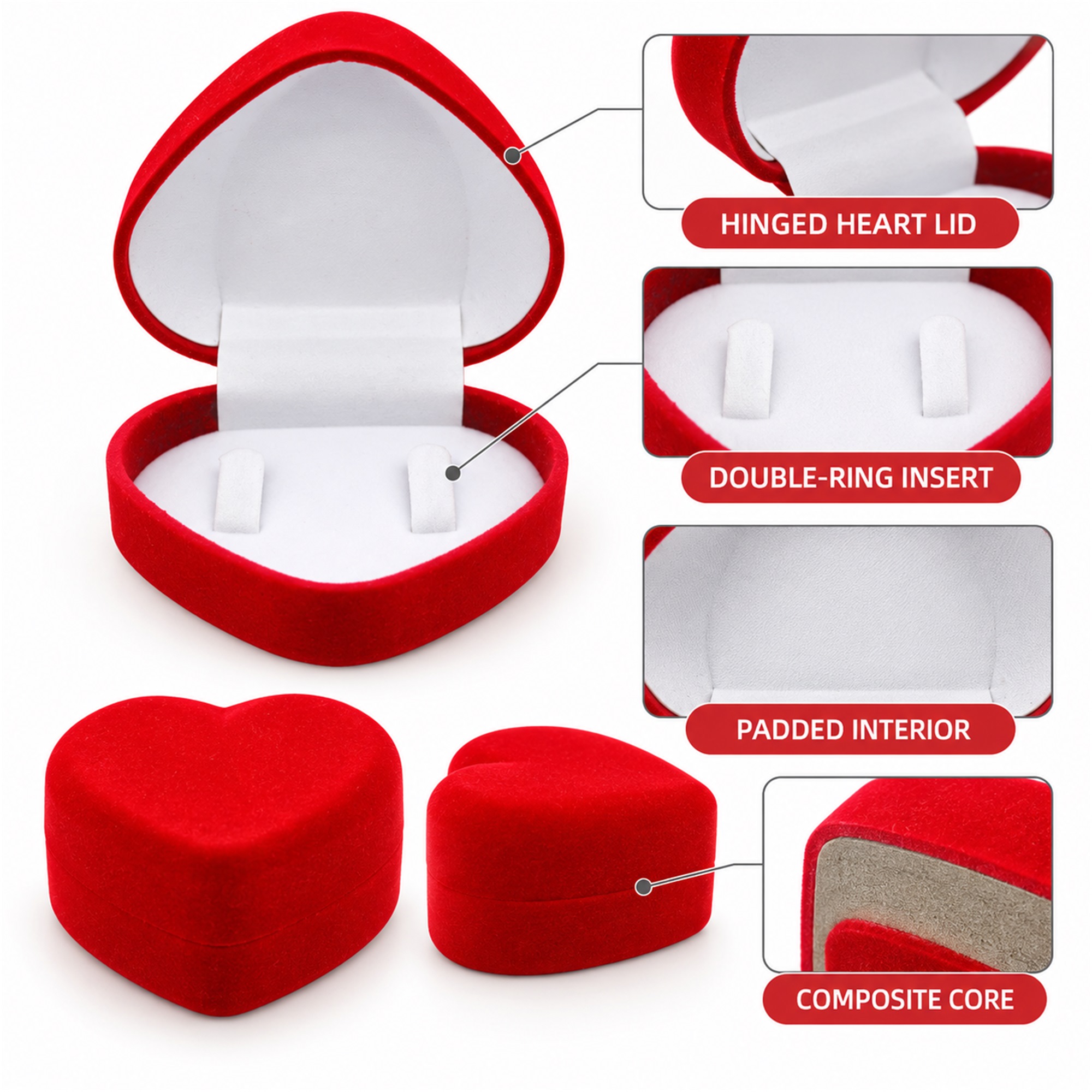 Red Heart-Shaped Flocked Double-Ring Presentation Box size and structure