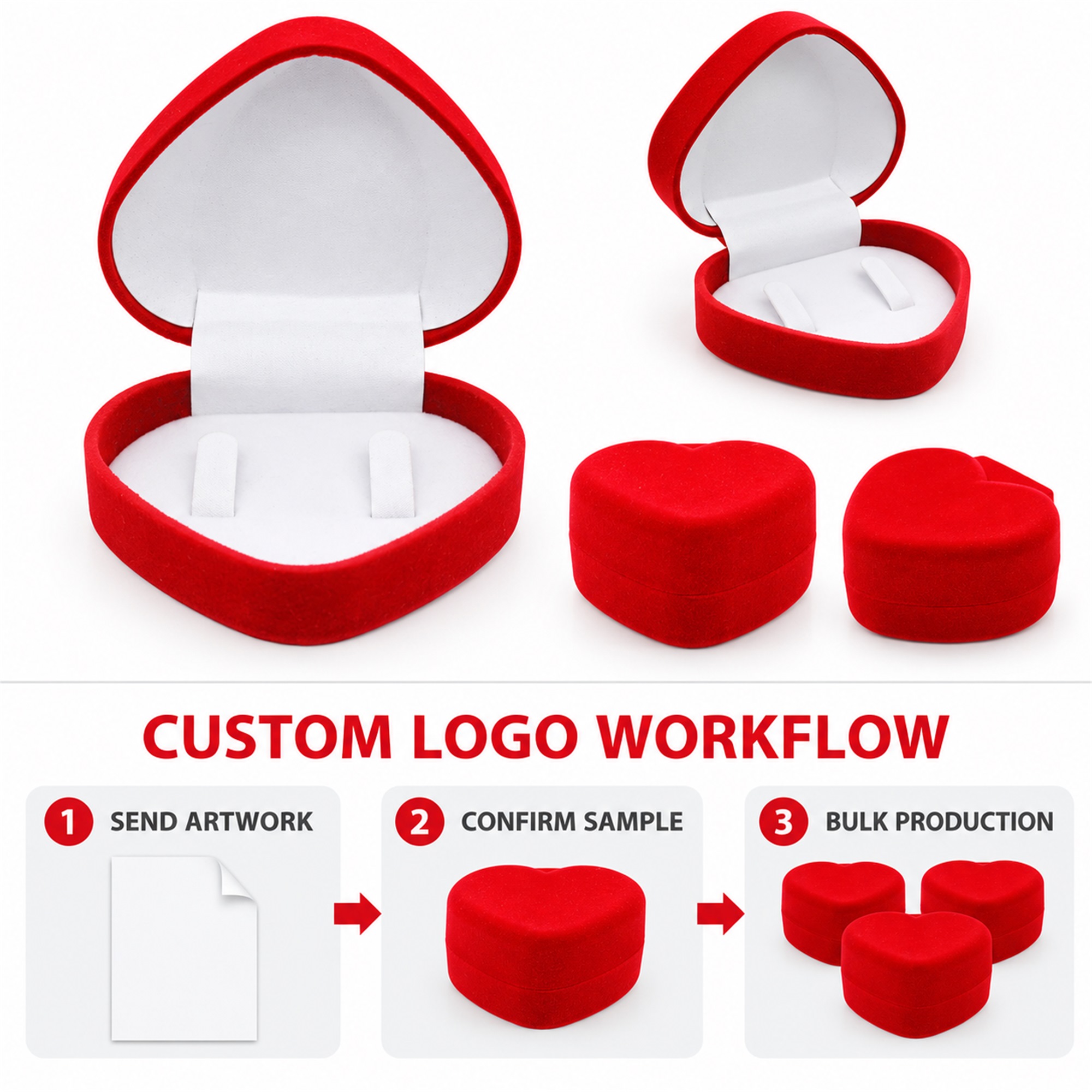 Red Heart-Shaped Flocked Double-Ring Presentation Box additional product views