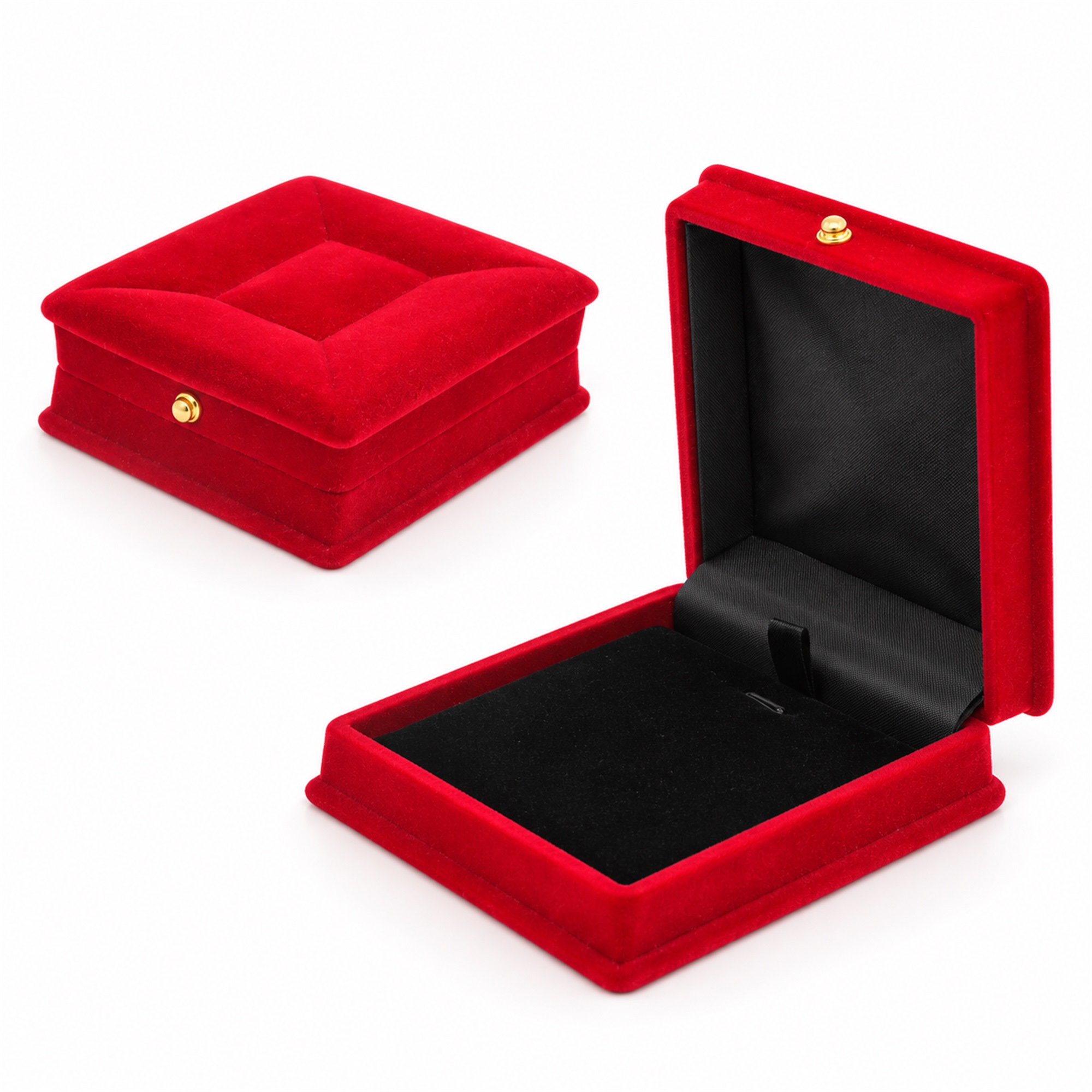 Square Red Flocked Compact Jewelry Box With Stool-Cushion Top front product view