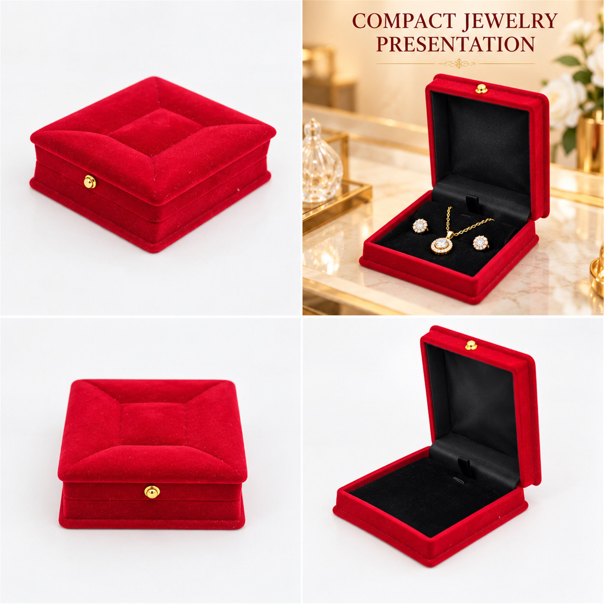 Square Red Flocked Compact Jewelry Box With Stool-Cushion Top lifestyle application