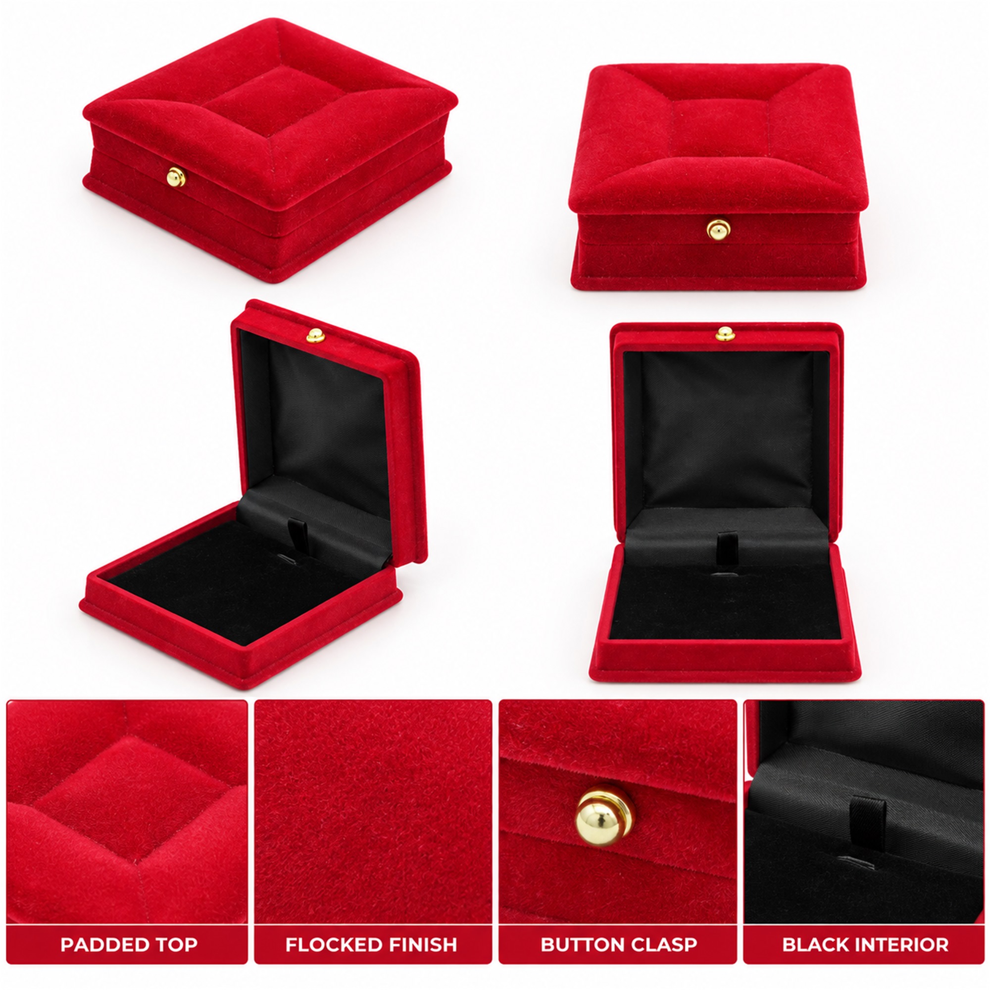 Square Red Flocked Compact Jewelry Box With Stool-Cushion Top product construction details