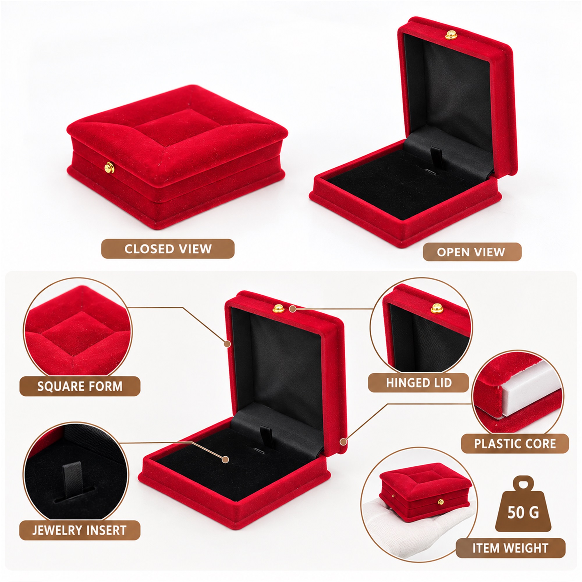 Square Red Flocked Compact Jewelry Box With Stool-Cushion Top size and structure