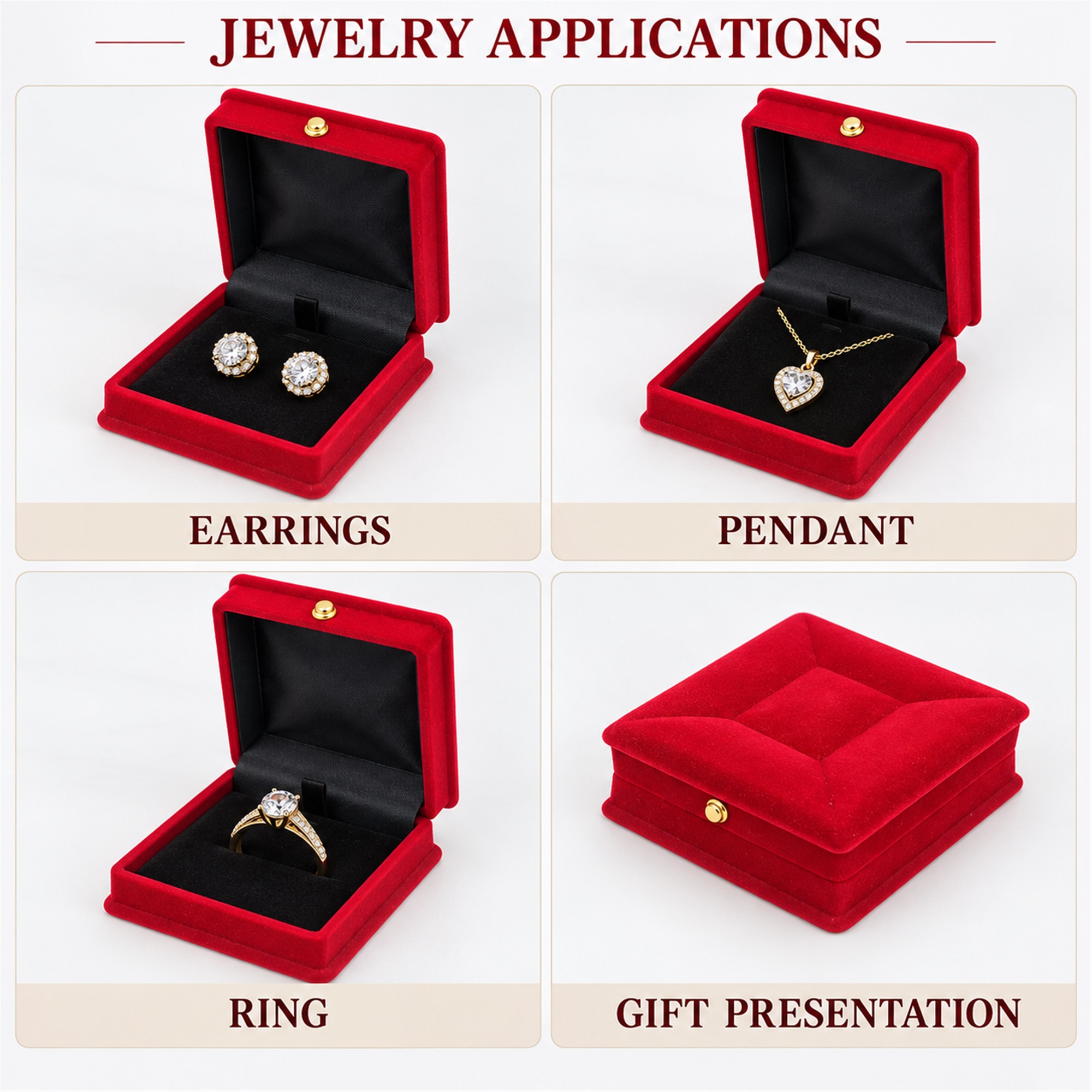 Square Red Flocked Compact Jewelry Box With Stool-Cushion Top additional product views