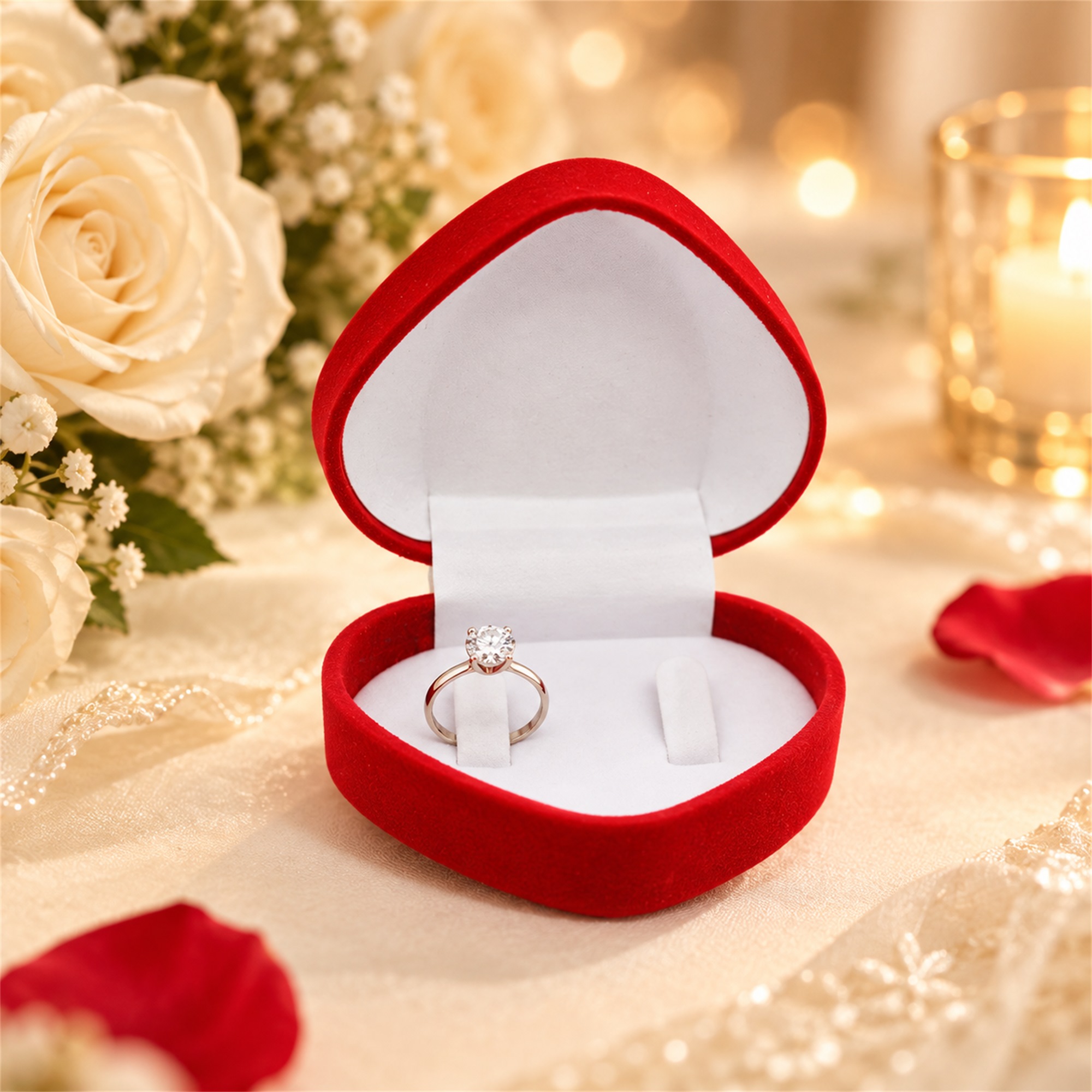Red Flocked Heart-Shaped Double-Ring Jewelry Box lifestyle application