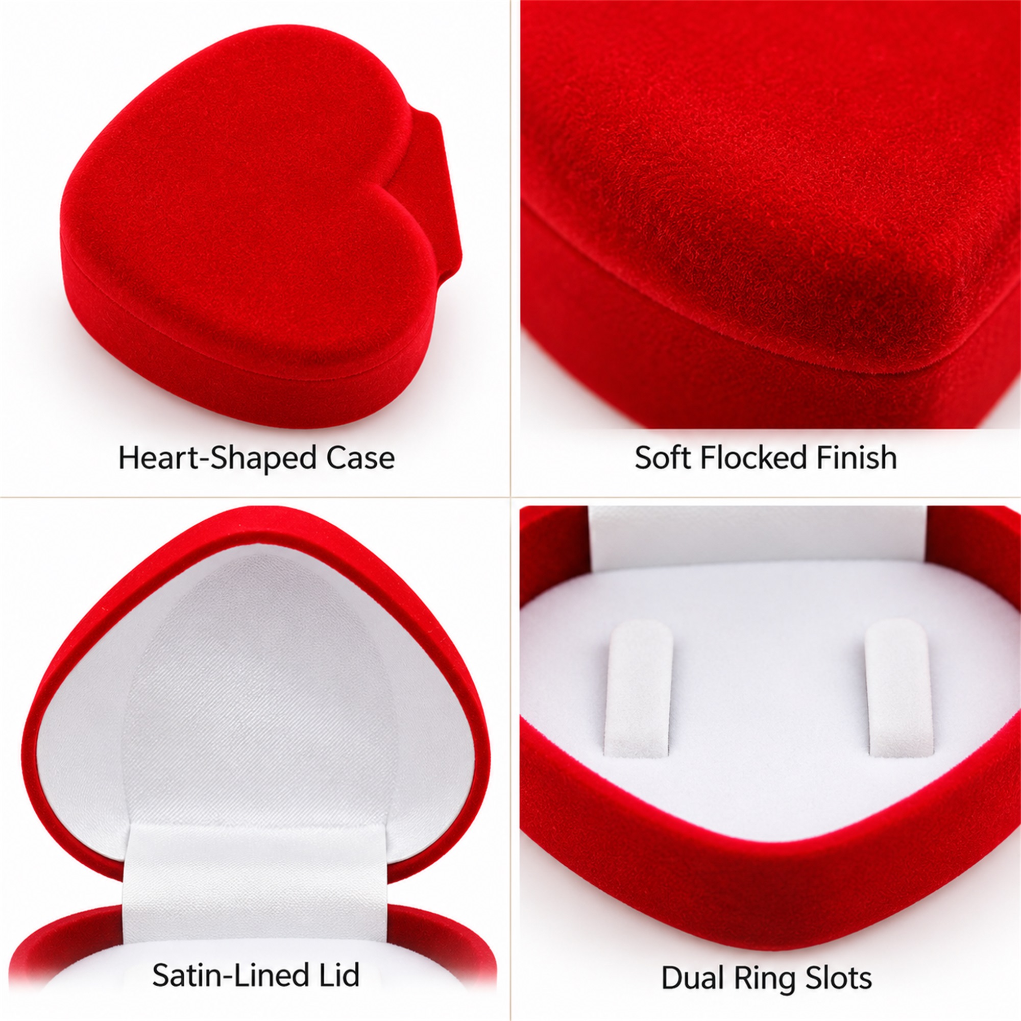 Red Flocked Heart-Shaped Double-Ring Jewelry Box product construction details