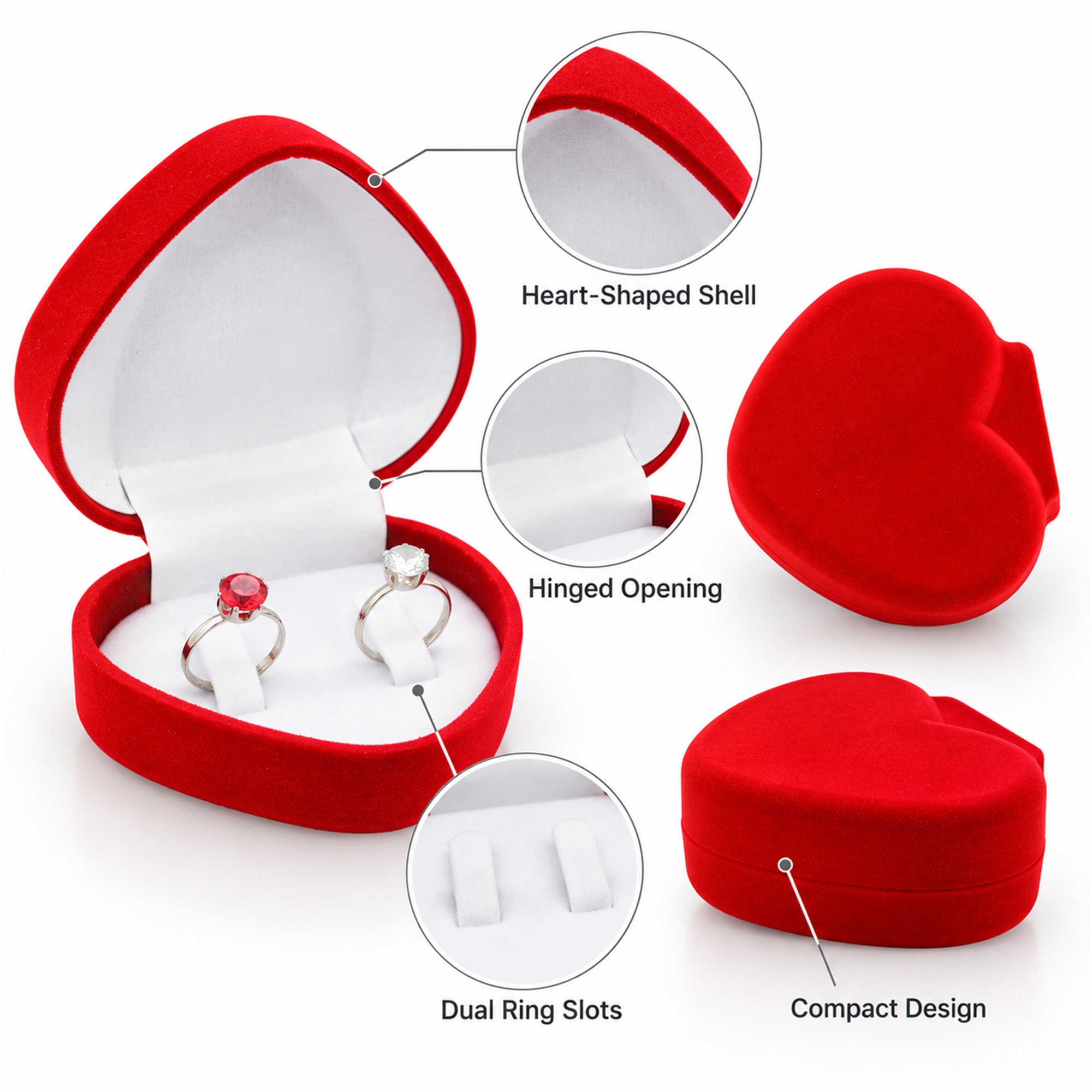 Red Flocked Heart-Shaped Double-Ring Jewelry Box size and structure