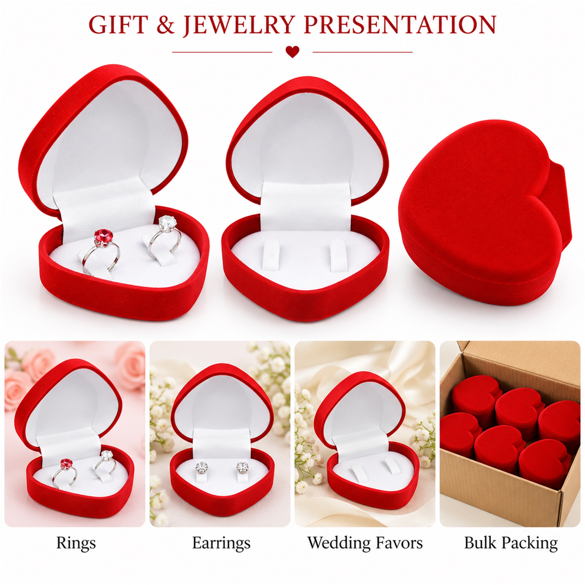 Red Flocked Heart-Shaped Double-Ring Jewelry Box additional product views