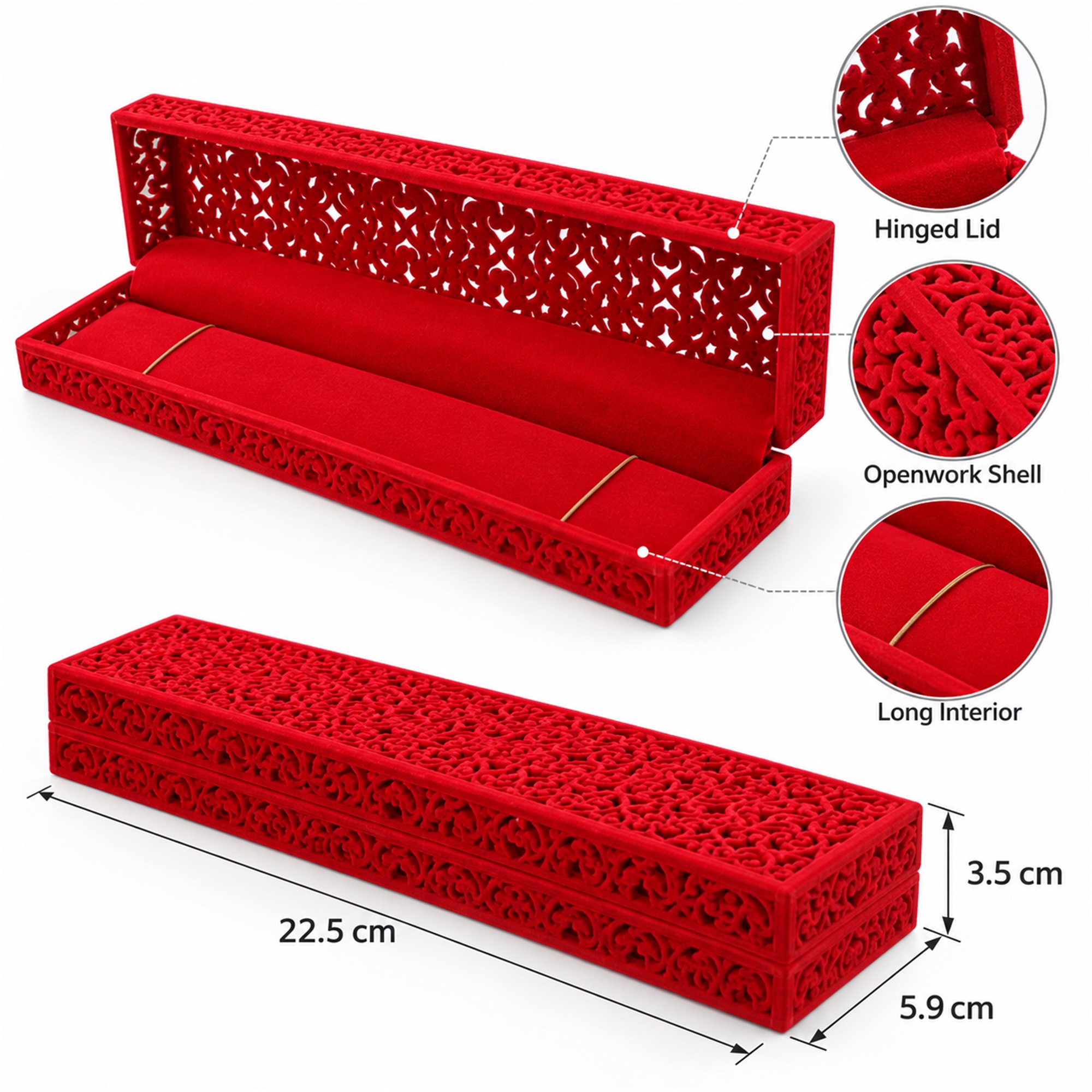 Chinese-Style Flocked Openwork Long Necklace Box size and structure