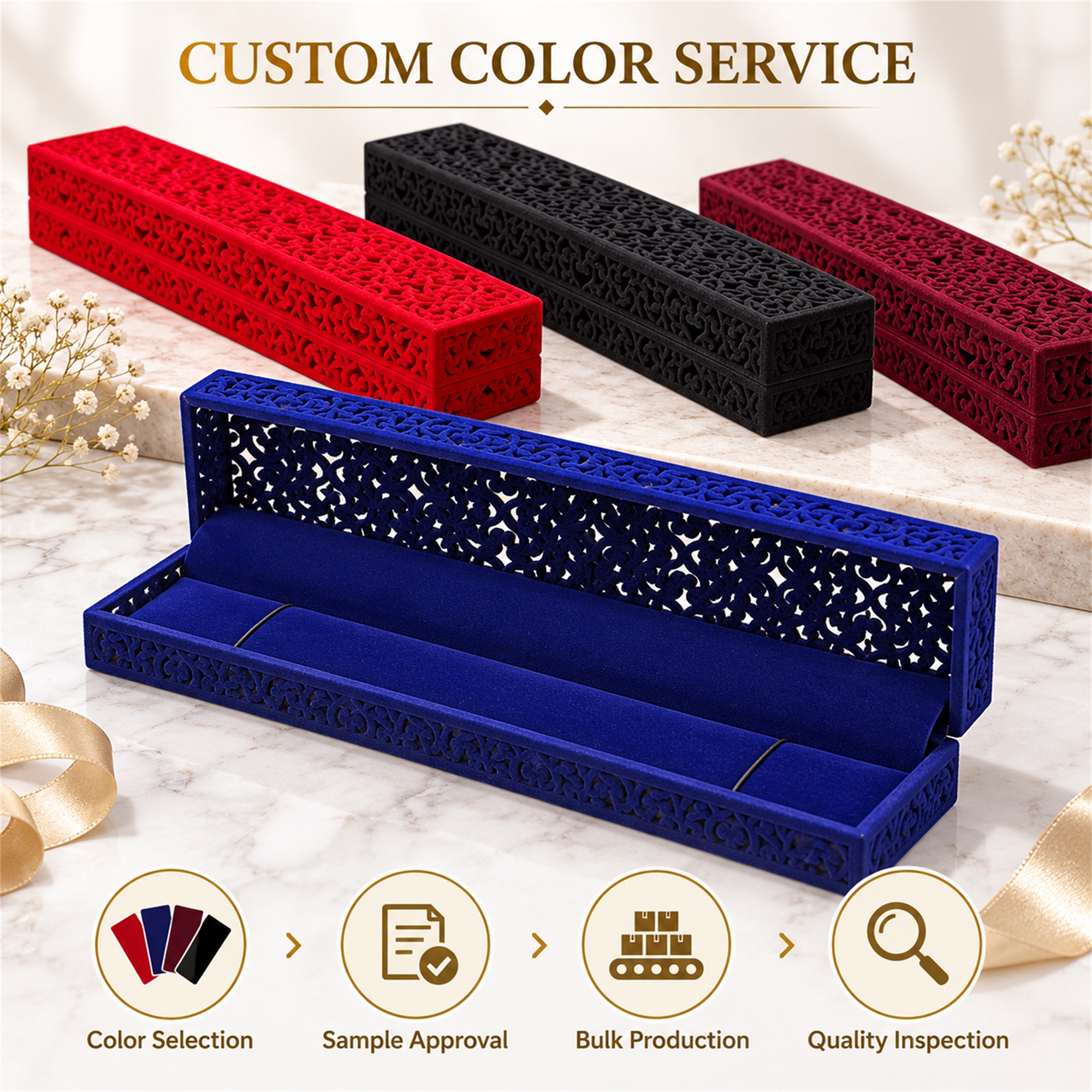Chinese-Style Flocked Openwork Long Necklace Box additional product views