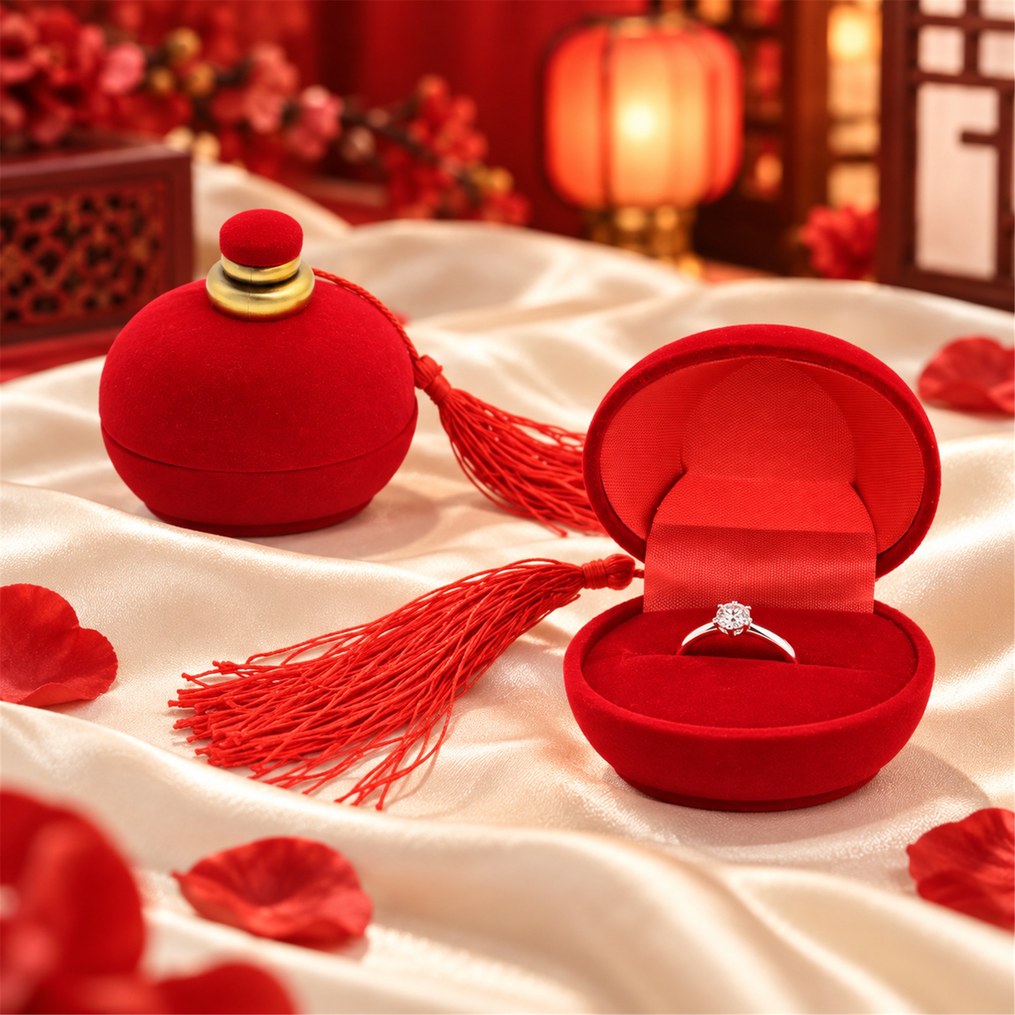 Traditional Perfume-Bottle-Style Flocked Ring Box With Tassel lifestyle application